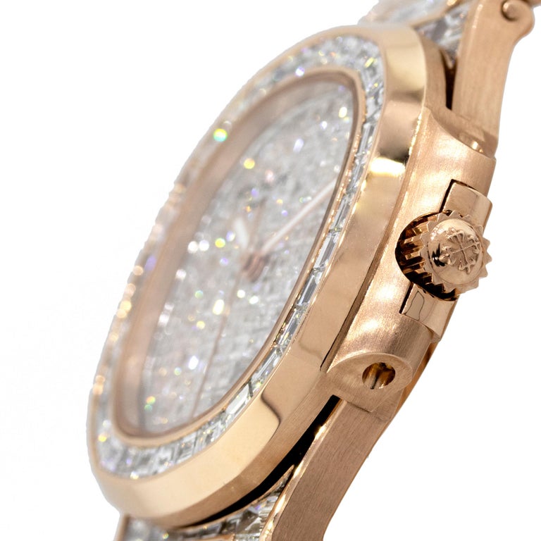 Women's or Men's Patek Philippe Nautilus 18 Karat Rose Gold 70 Carat Baguette Diamond Wristwatch For Sale