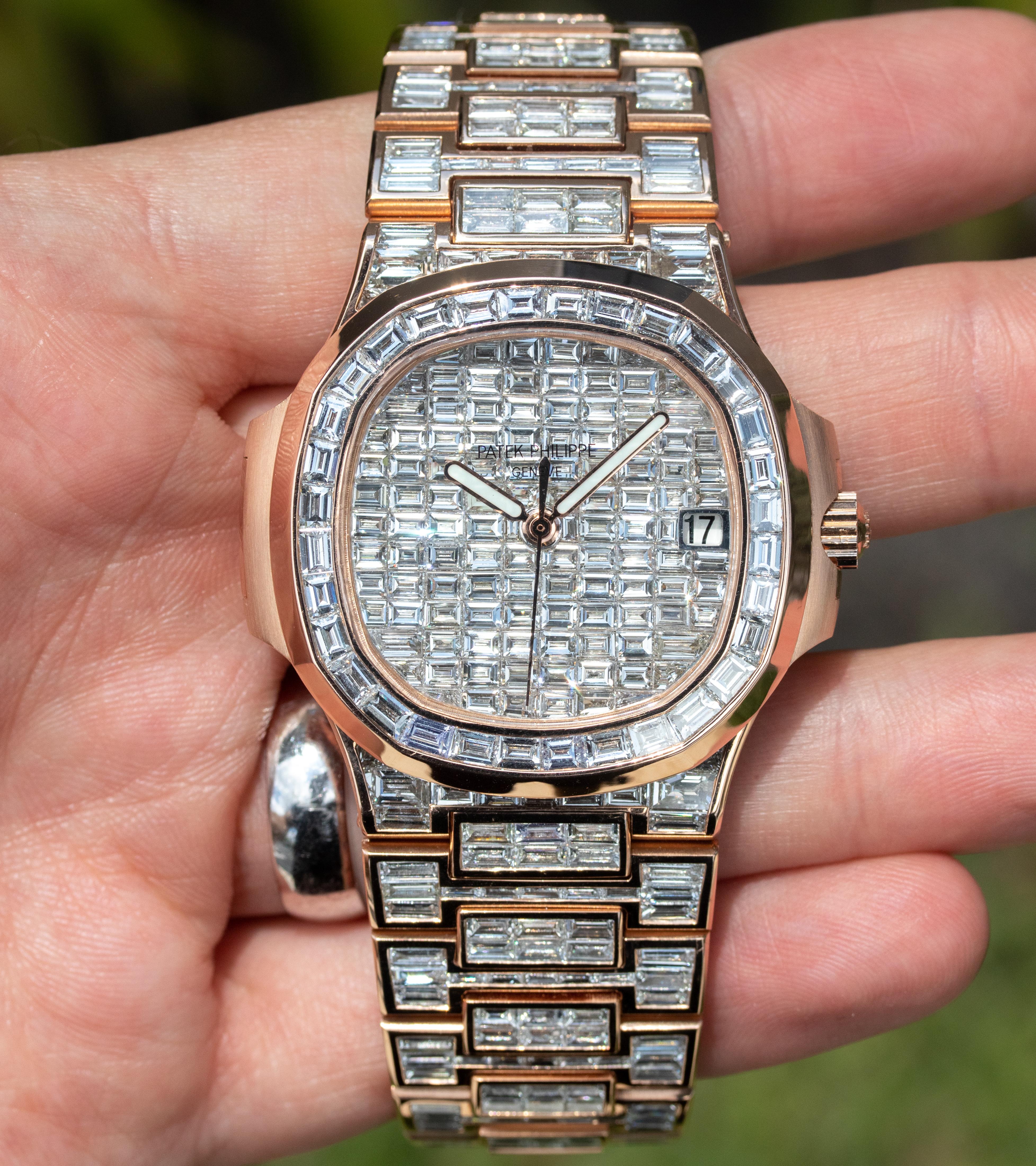 Baguette Cut Patek Philippe Nautilus 18 Karat Rose Gold 70 Carat Baguette Diamond Wristwatch