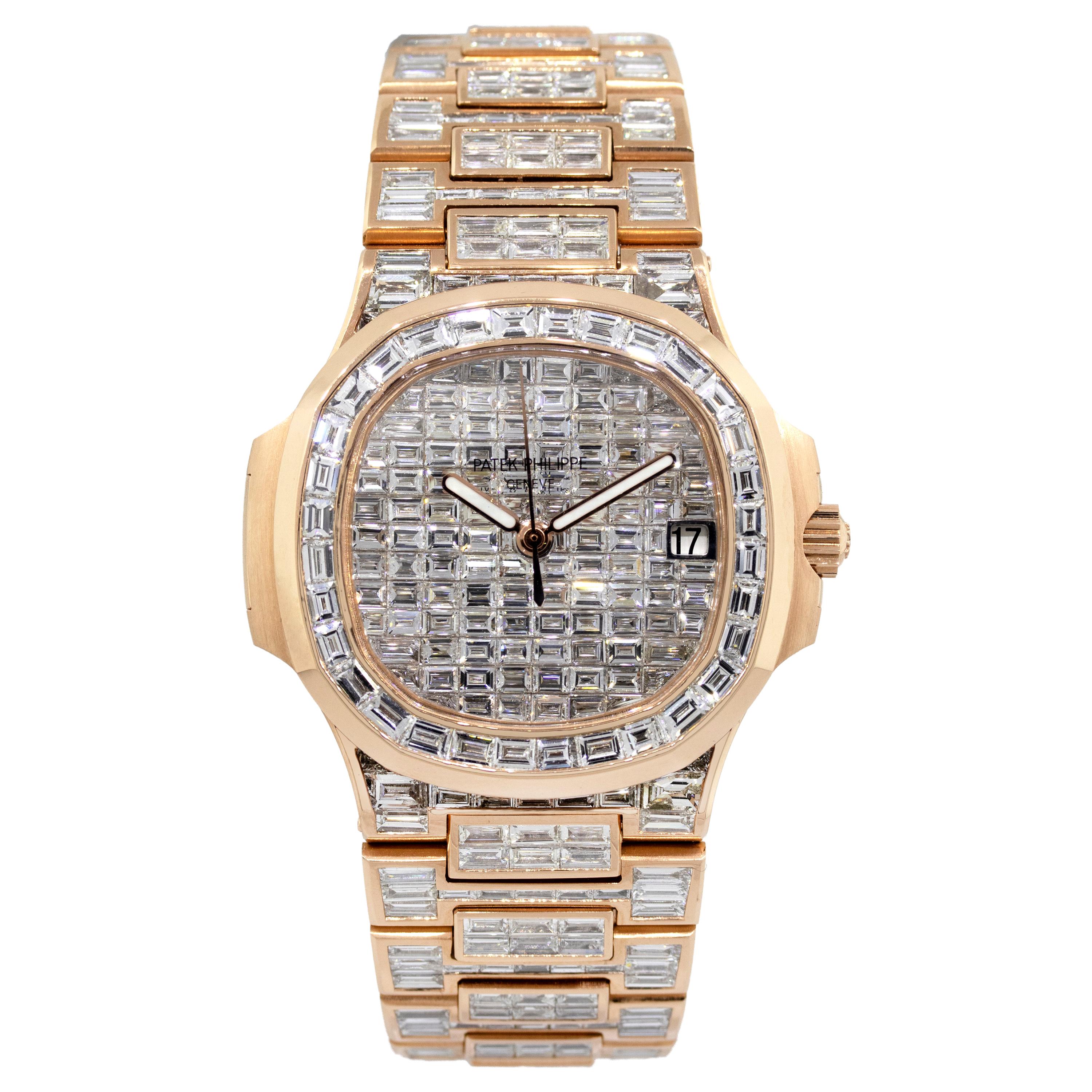 Patek Philippe Nautilus 18 Karat Rose Gold 70 Carat Baguette Diamond Wristwatch