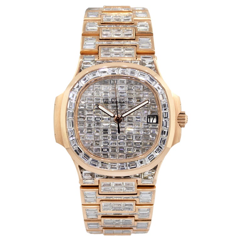Patek Philippe Nautilus 18 Karat Rose Gold 70 Carat Baguette Diamond Wristwatch For Sale