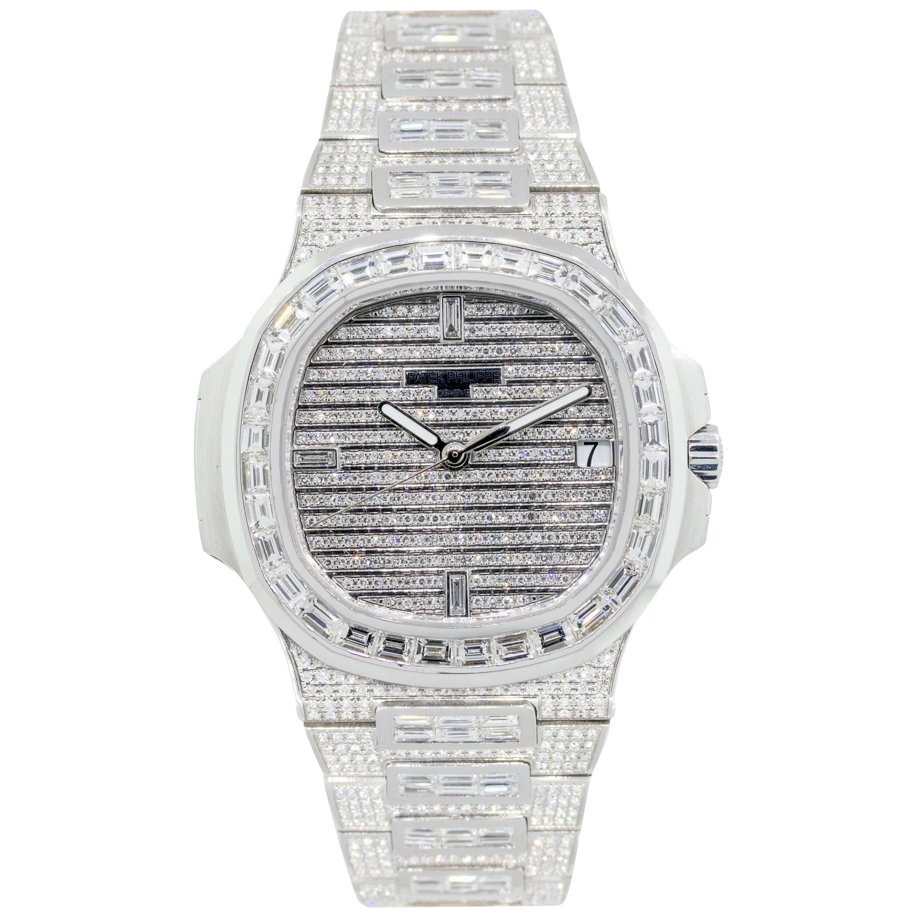 Patek Philippe Nautilus 18 Karat White Gold Diamond Bust Down Wristwatch