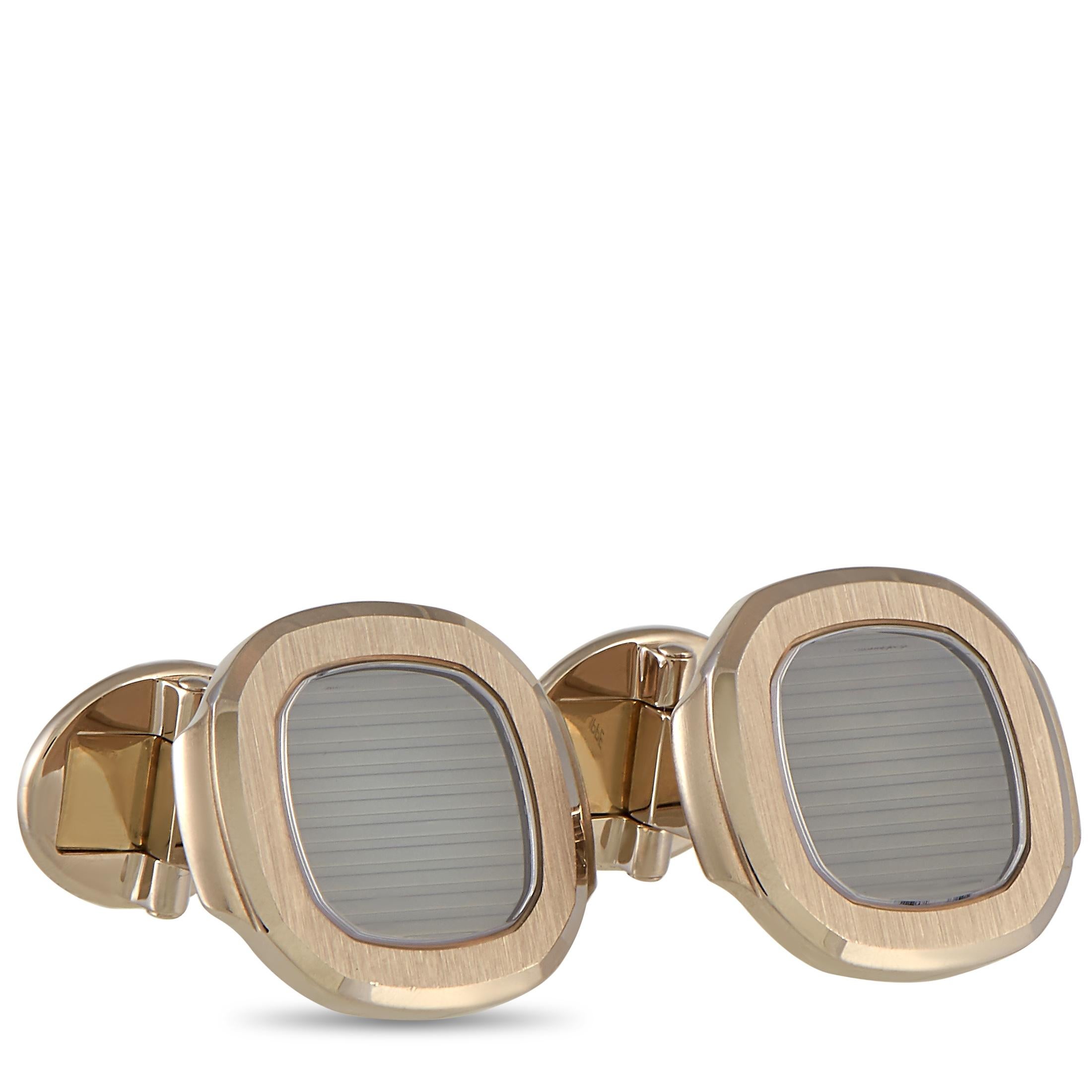 The Patek Philippe “Nautilus” cufflinks are made of 18K yellow gold and each weighs 11.4 grams, measuring 0.70” by 0.70”.

The pair is offered in brand new condition and includes the manufacturer’s box.