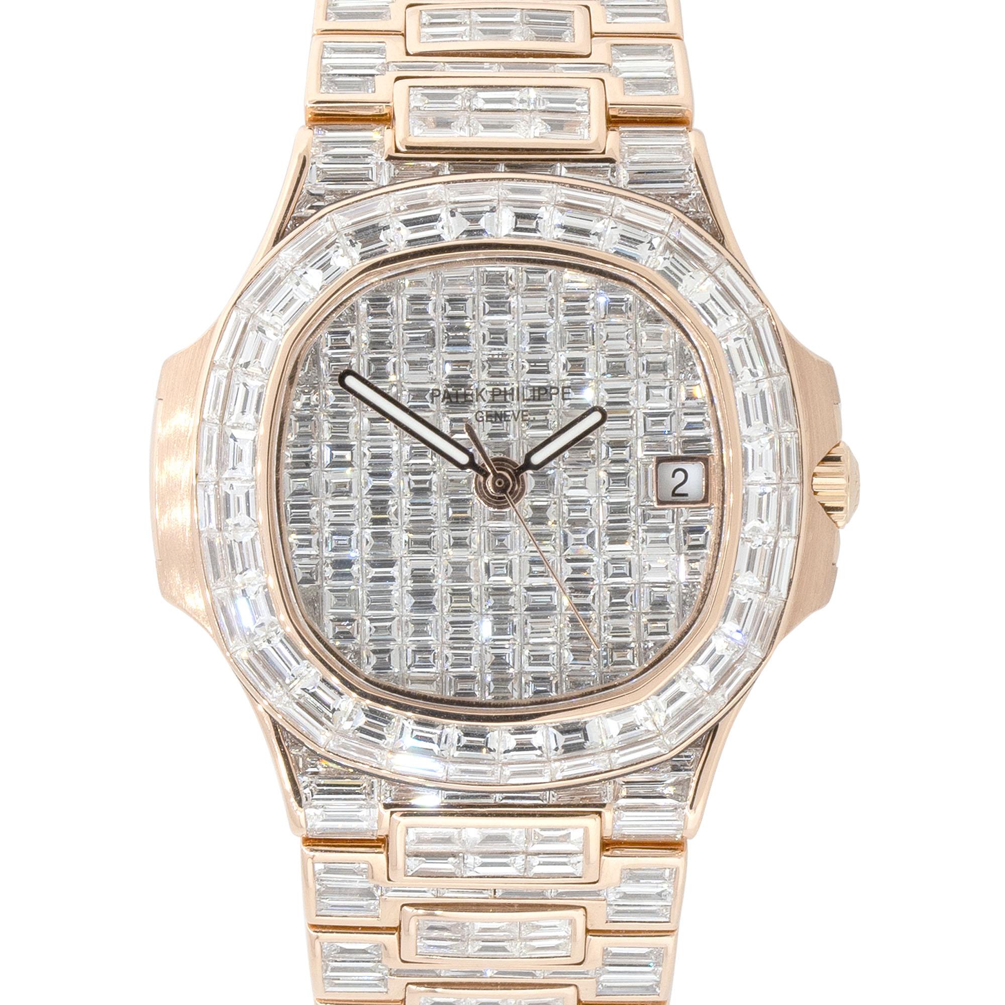Brand: Patek Philippe
The Patek Philippe Nautilus 18k Rose Gold All Baguette Diamond Watch is a symbol of ultimate luxury, showcasing both the brand's horological expertise and its mastery of jewelry craftsmanship. It's an exquisite timepiece that