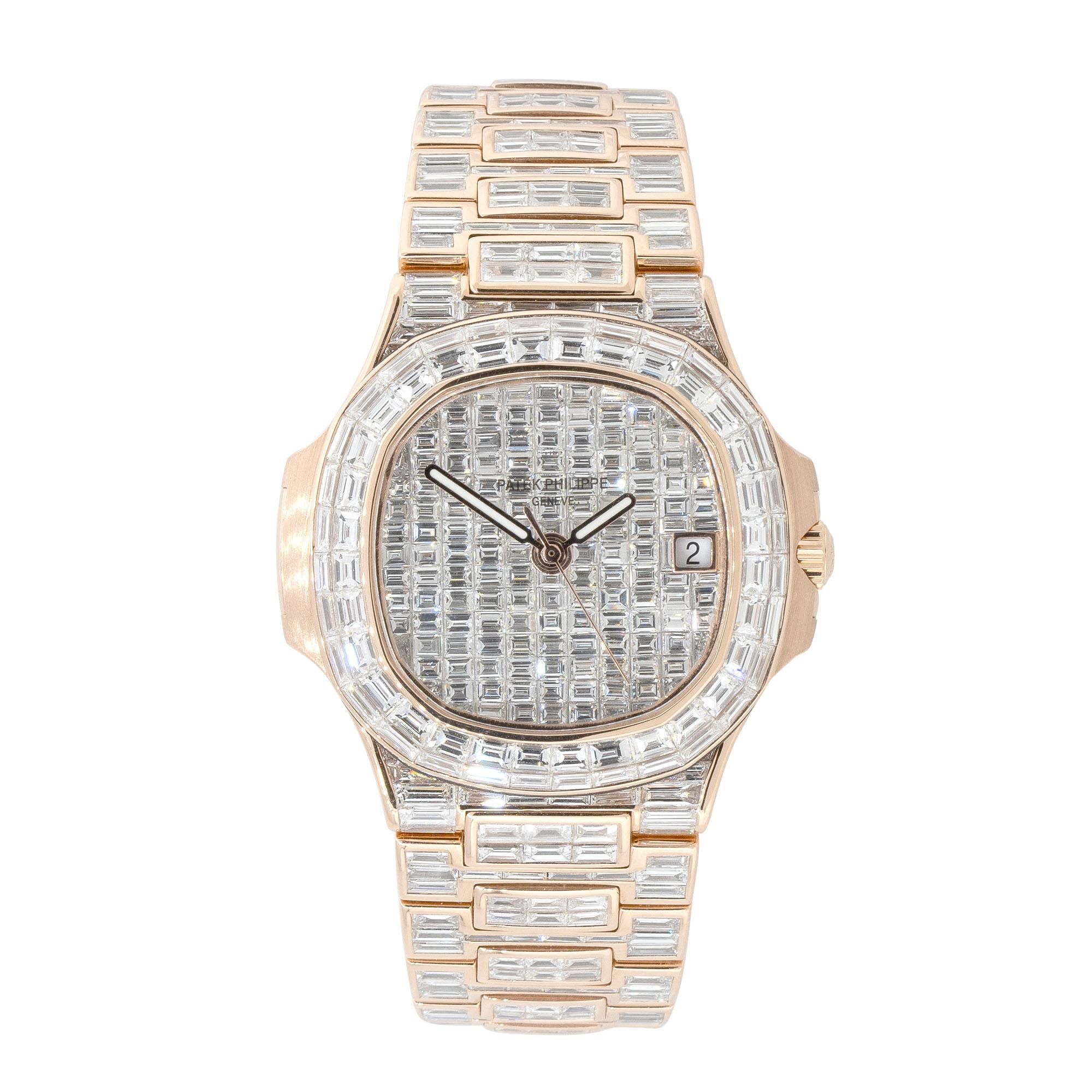 Nautilus 18 Karat Roségold Baguette-Diamant-Uhr von Patek Philippe, auf Lager (Baguetteschliff)
