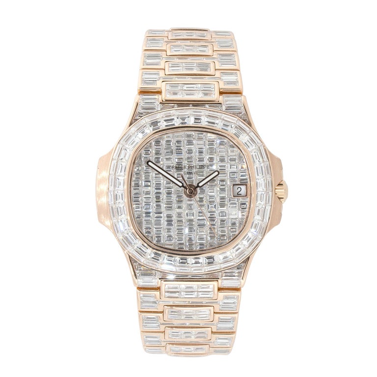 Patek Philippe Nautilus 18k Rose Gold All Baguette Diamond Watch In Stock  For Sale at 1stDibs