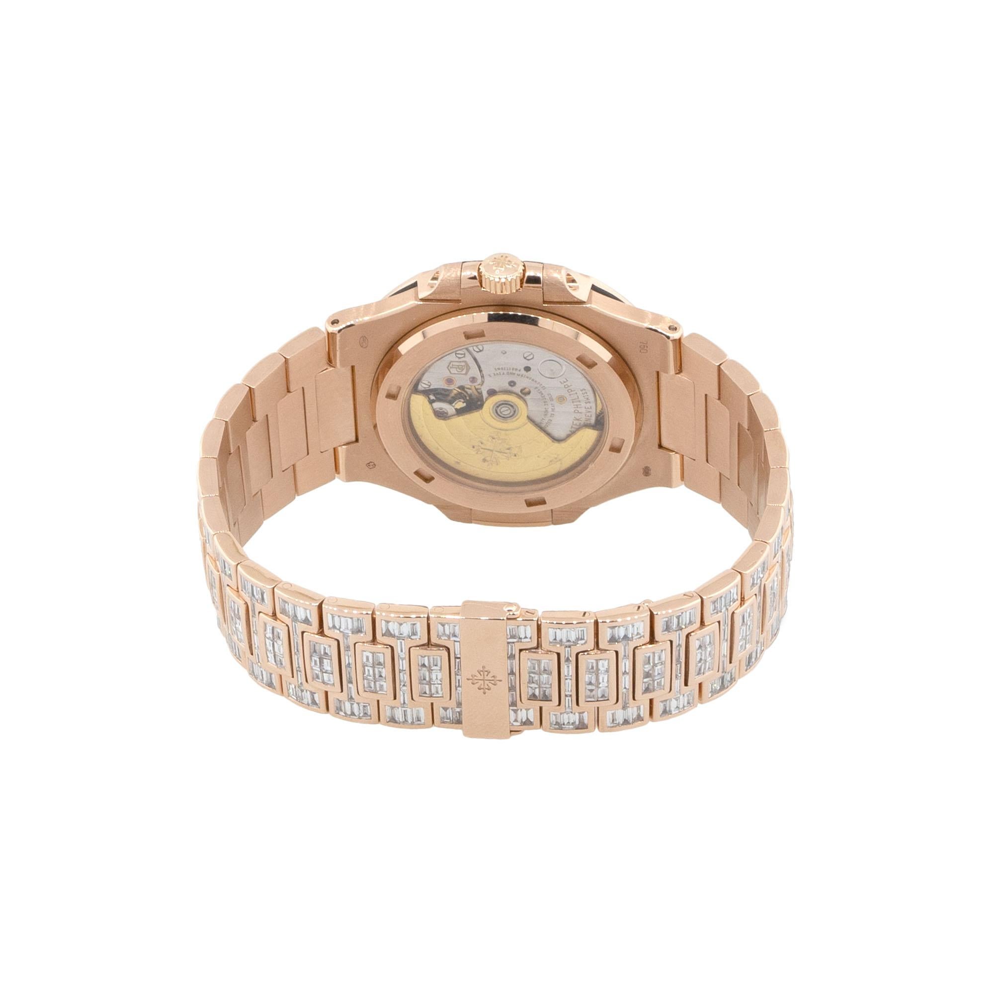 Nautilus 18 Karat Roségold Baguette-Diamant-Uhr von Patek Philippe, auf Lager für Damen oder Herren