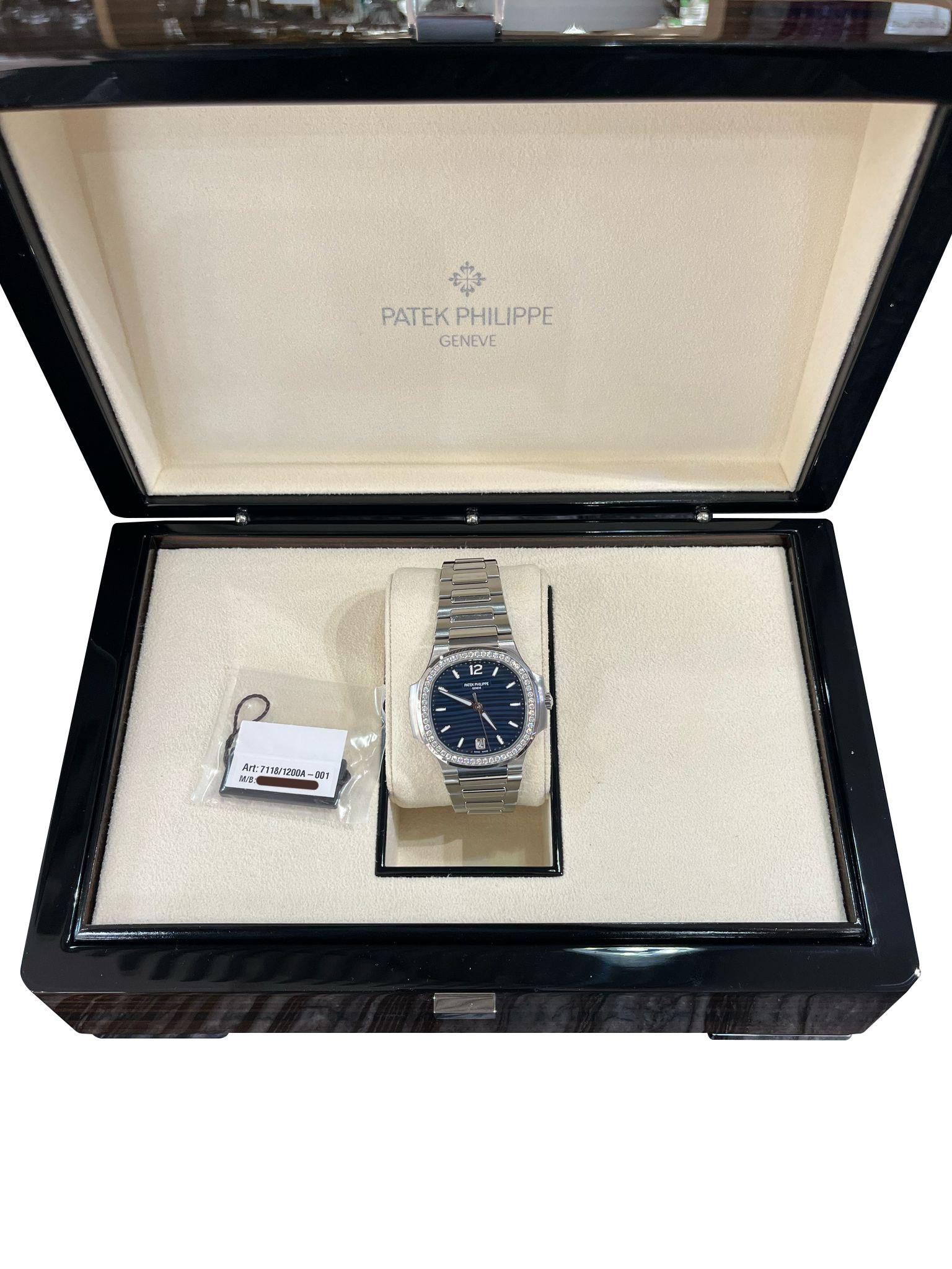 Round Cut Patek Philippe Nautilus 35.2mm Blue Dial Diamond Bezel Ladies Watch 7118/1200A For Sale