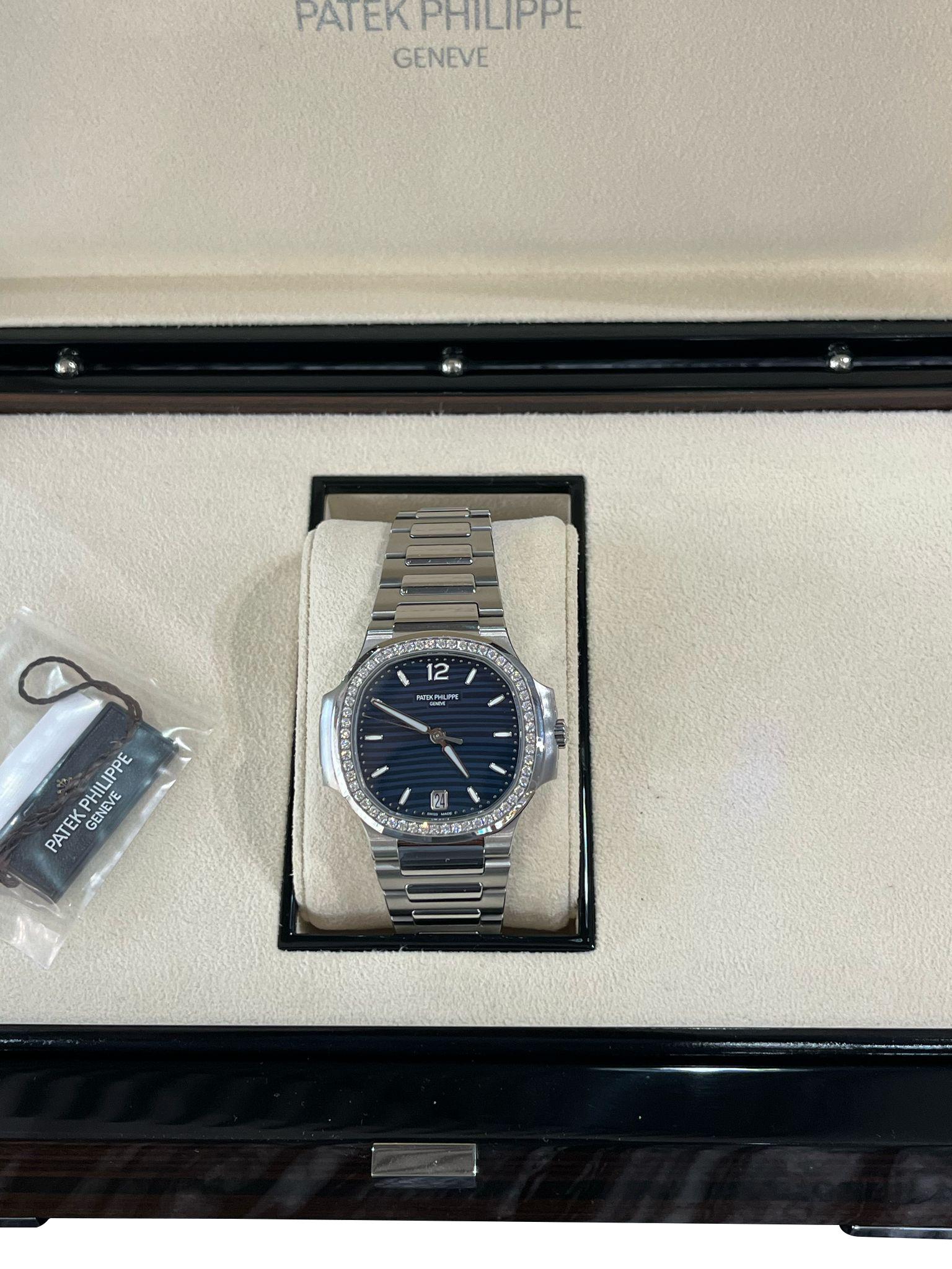 Women's Patek Philippe Nautilus 35.2mm Blue Dial Diamond Bezel Ladies Watch 7118/1200A For Sale