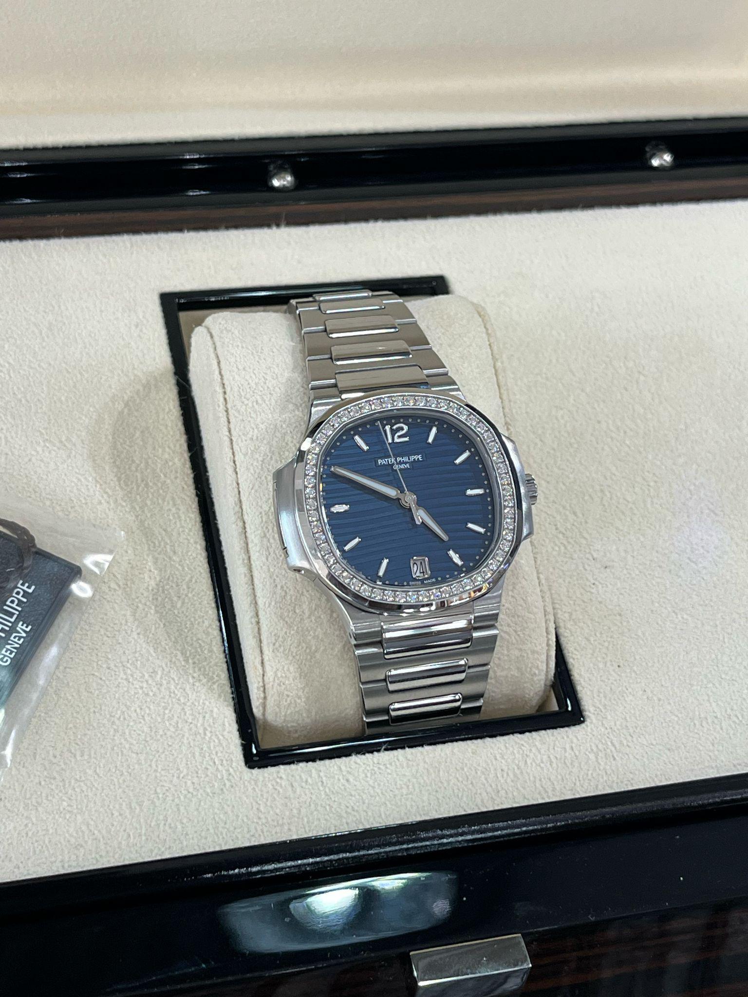Patek Philippe Nautilus 35.2mm Blue Dial Diamond Bezel Ladies Watch 7118/1200A For Sale 1