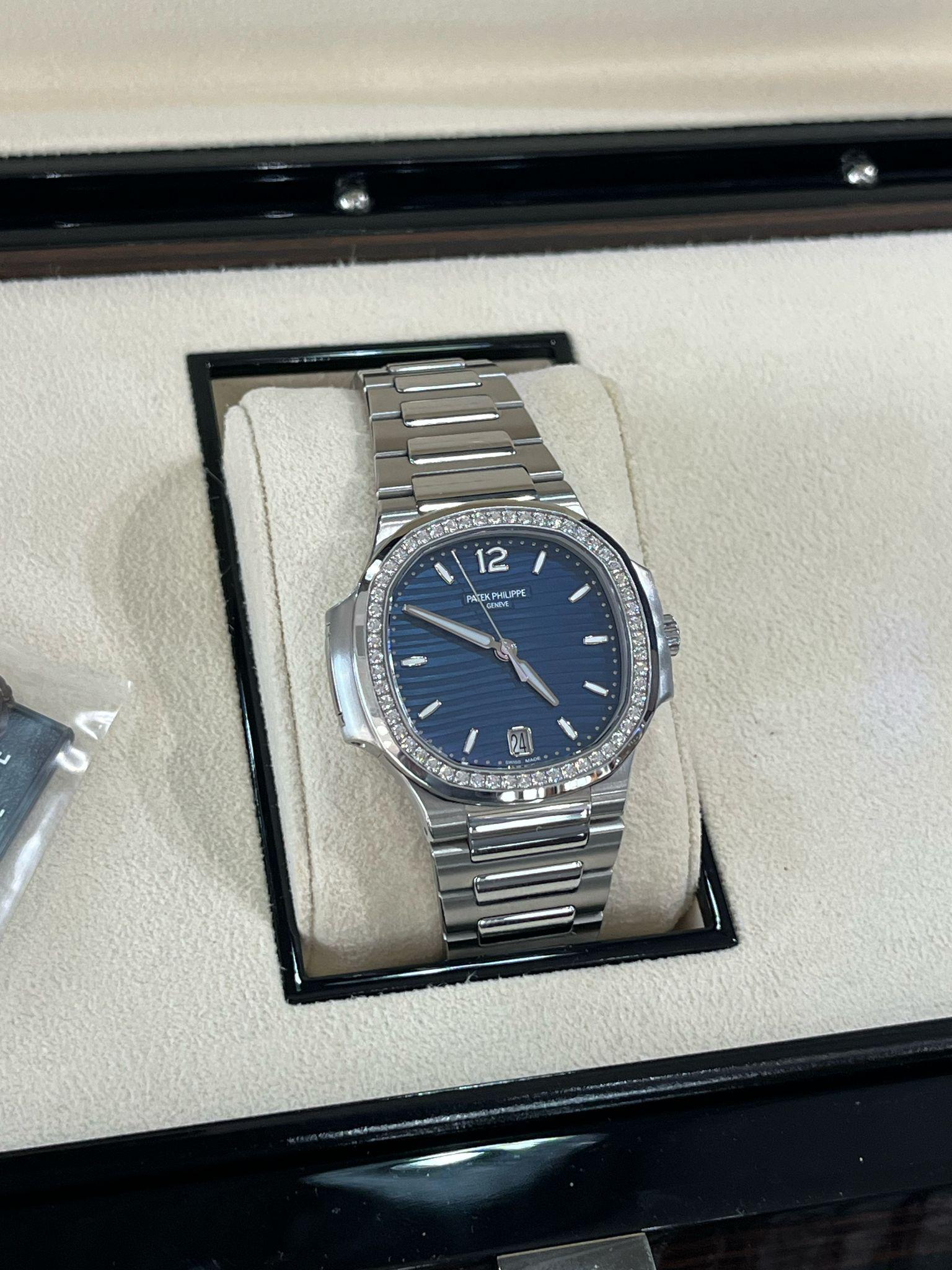 Patek Philippe Nautilus 35.2mm Blue Dial Diamond Bezel Ladies Watch 7118/1200A For Sale 2