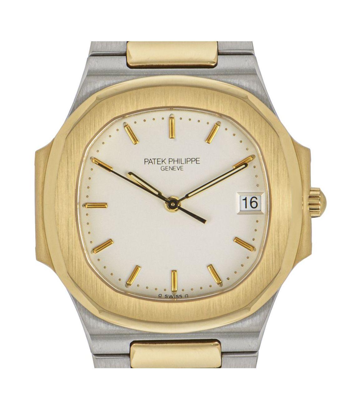 This stainless steel and yellow gold Nautilus from Patek Philippe features a silver dial with a date indicator at 3 o'clock and a fixed gold bezel.

It is equipped with a scratch resistant sapphire crystal, quartz movement and paired with a