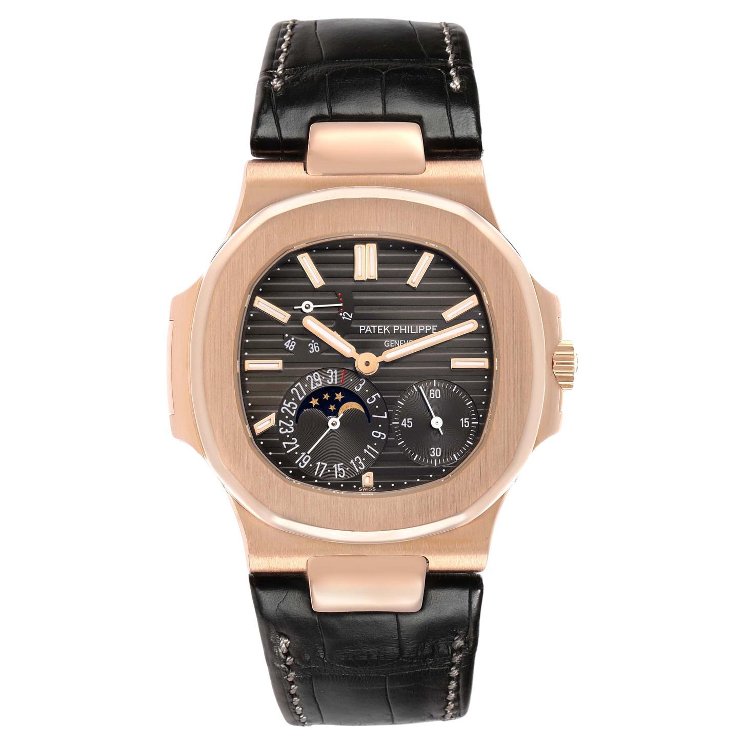 Patek Philippe Nautilus 40mm Rose Gold Moonphase Leather Strap Watch 5712R-001 For Sale
