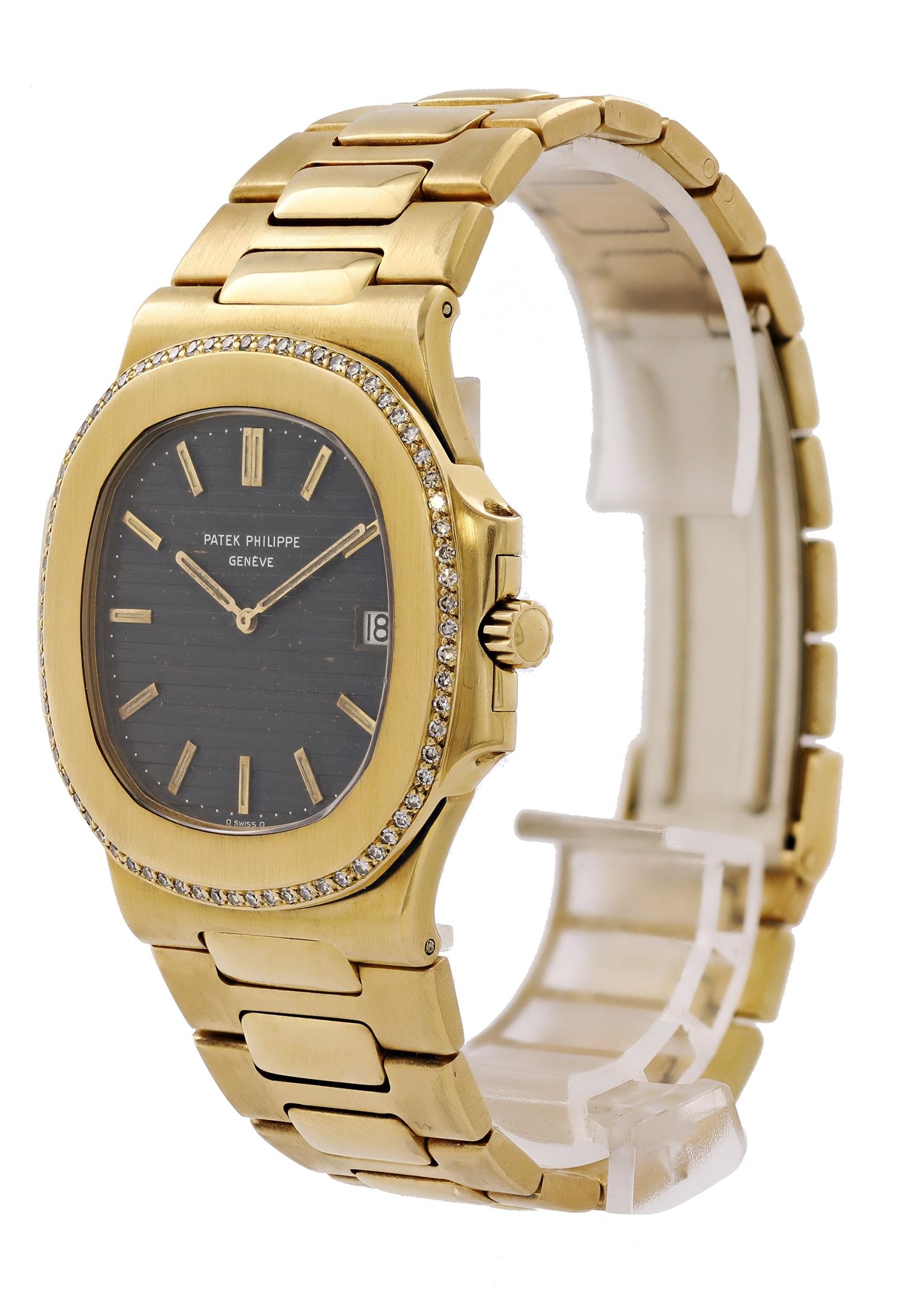 Patek Philippe Nautilus 4700/4 Mens Watch. 
27mm 18k Yellow Gold case. 
Yellow Gold Stationary bezel. 
Black dial with gold hands and index hour markers. 
Minute markers on the outer dial. 
Date display at the 3 o'clock position. 
Yellow Gold