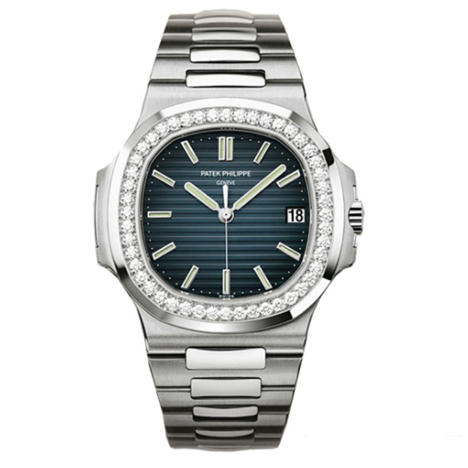 18 carat white gold case with a 18 carat white gold bracelet. Fixed-diamond set bezel. Blue dial with silver tone hands and index hour markers. 18 carat white gold case with a 18 carat white gold bracelet. Fixed-diamond set bezel. Blue dial with