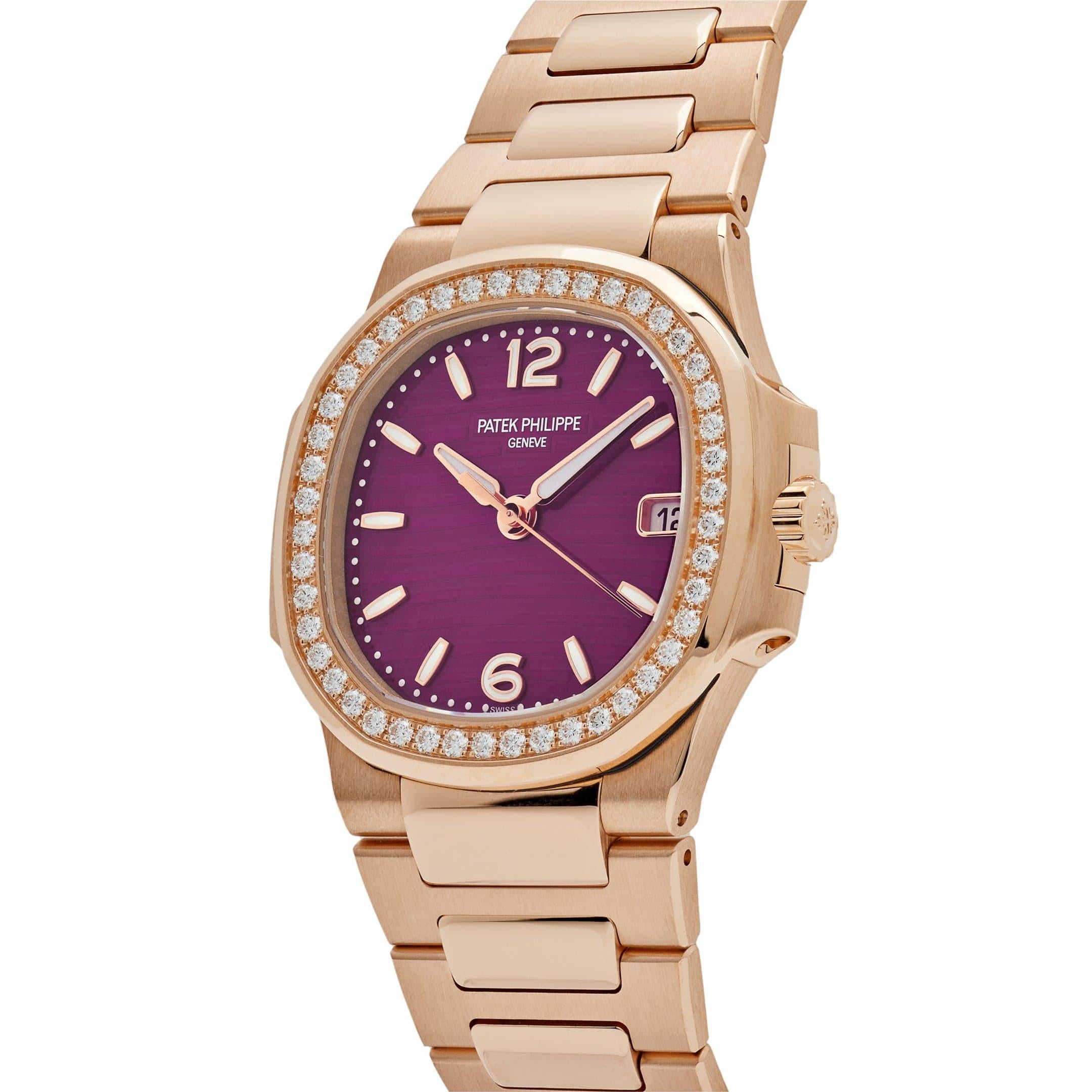 Jewels Aficionado offers the Patek Philippe Nautilus 7010/1R-013 is an exquisite addition to the Nautilus collection, tailored for women who value elegance and sophistication. Crafted from 18k rose gold, the 32mm case reflects the collection's