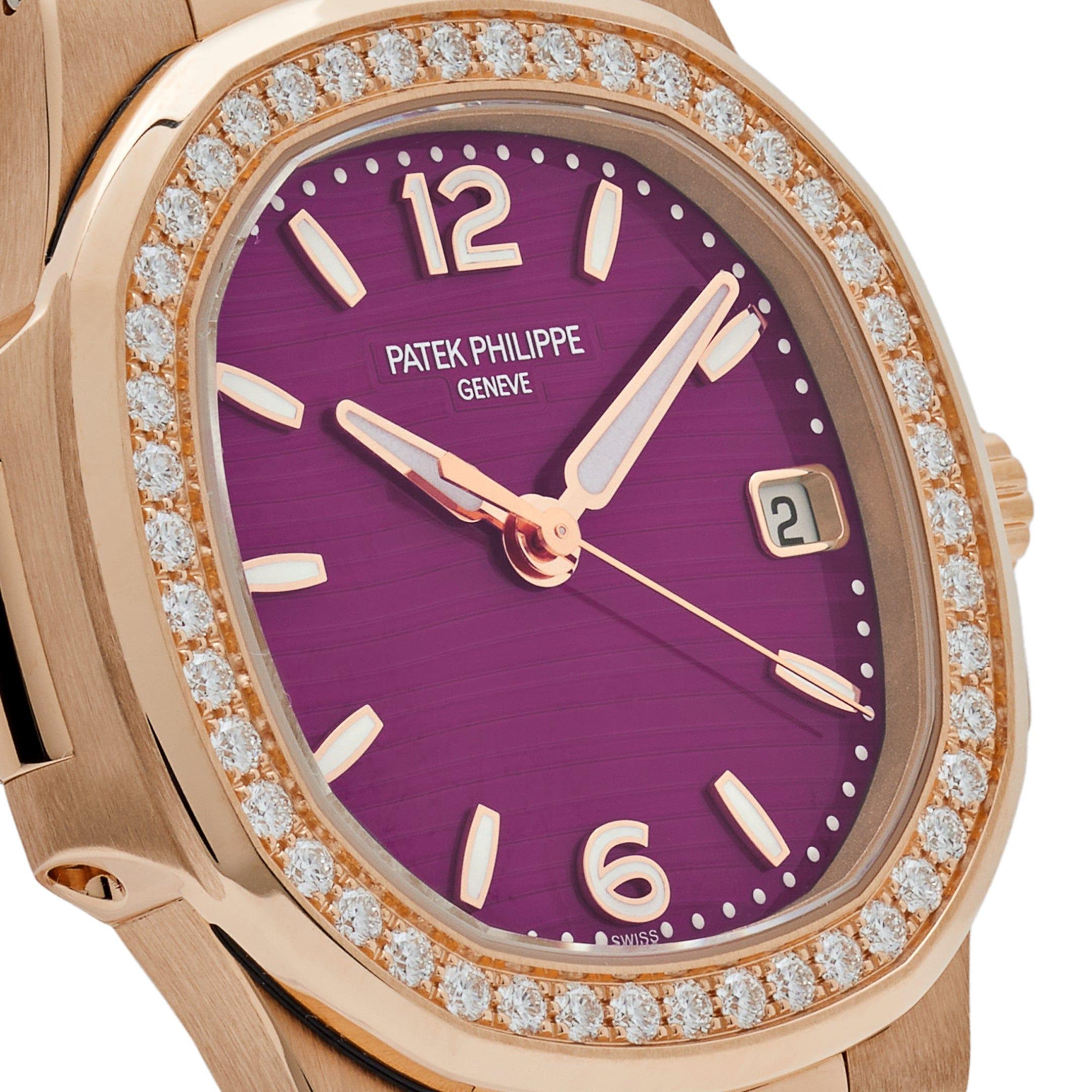 Round Cut Patek Philippe Nautilus 7010/1R-013 Quartz Rose Gold Purple Diamond Bezel (2024)