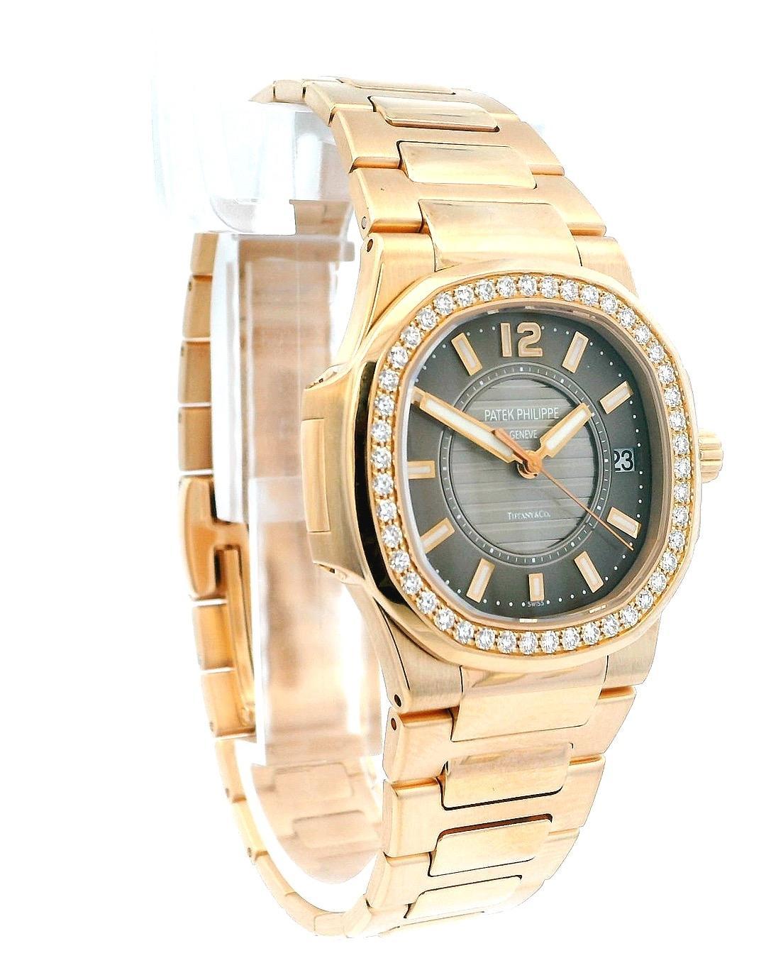Patek Philippe Nautilus 7010/1R T&Co Taupe Dial & Diamond Bezel Ladies Watch In Excellent Condition For Sale In Great Neck Plaza, NY