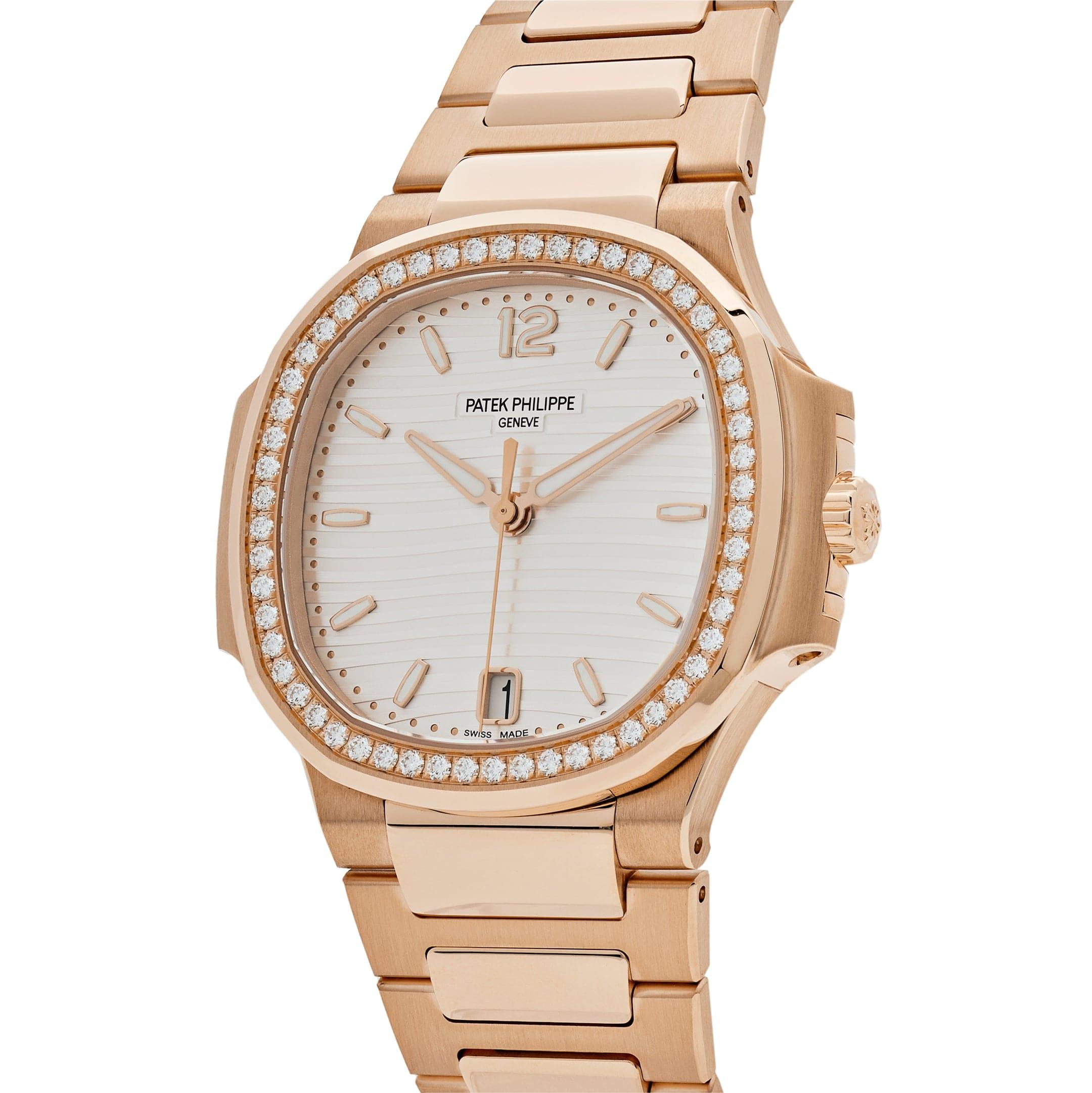 Round Cut Patek Philippe Nautilus 7118/1200R-001 Automatic Rose Gold Silver Dial Diamond For Sale
