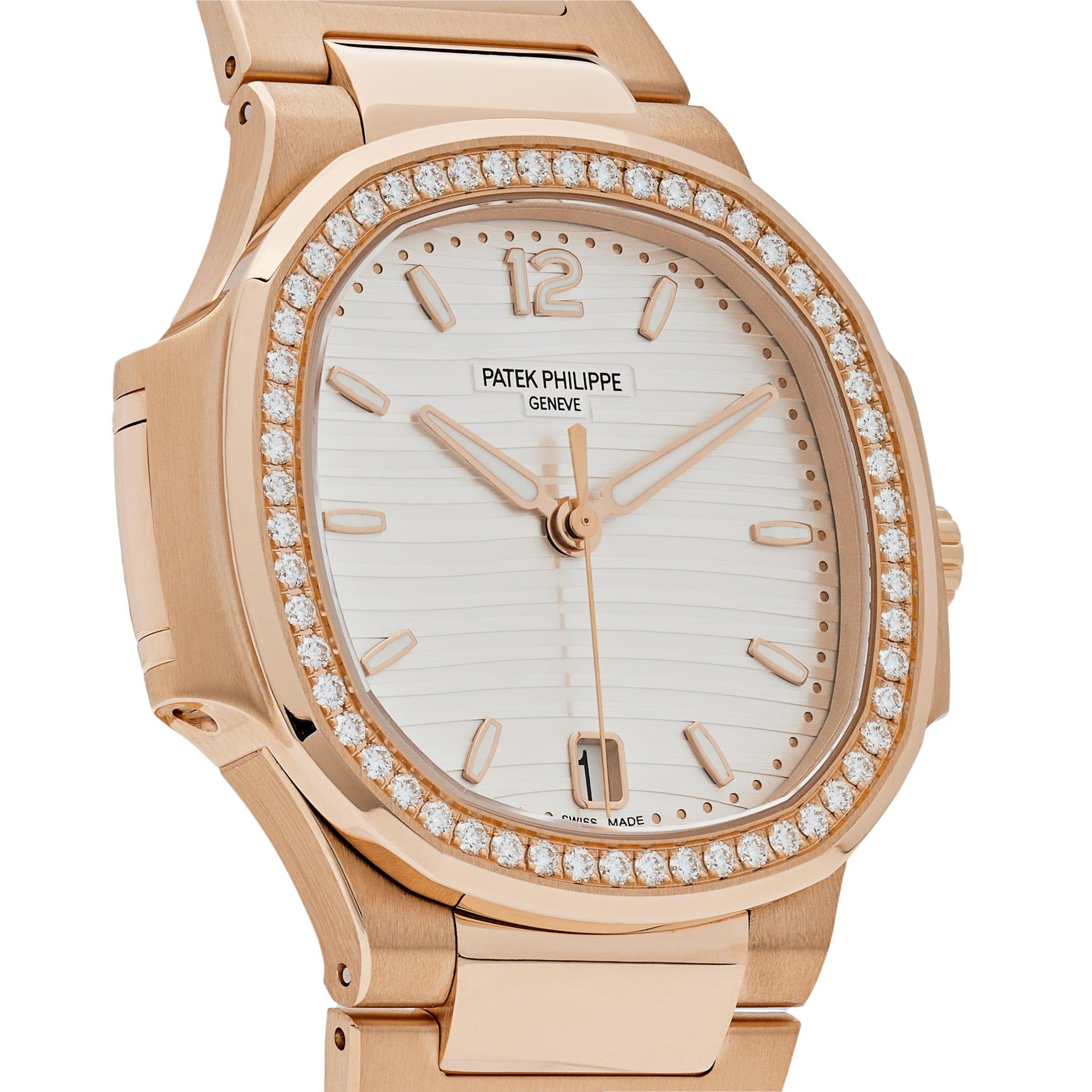 Patek Philippe Nautilus 7118/1200R-001 Automatic Rose Gold Silver Dial Diamond In New Condition For Sale In New York, NY