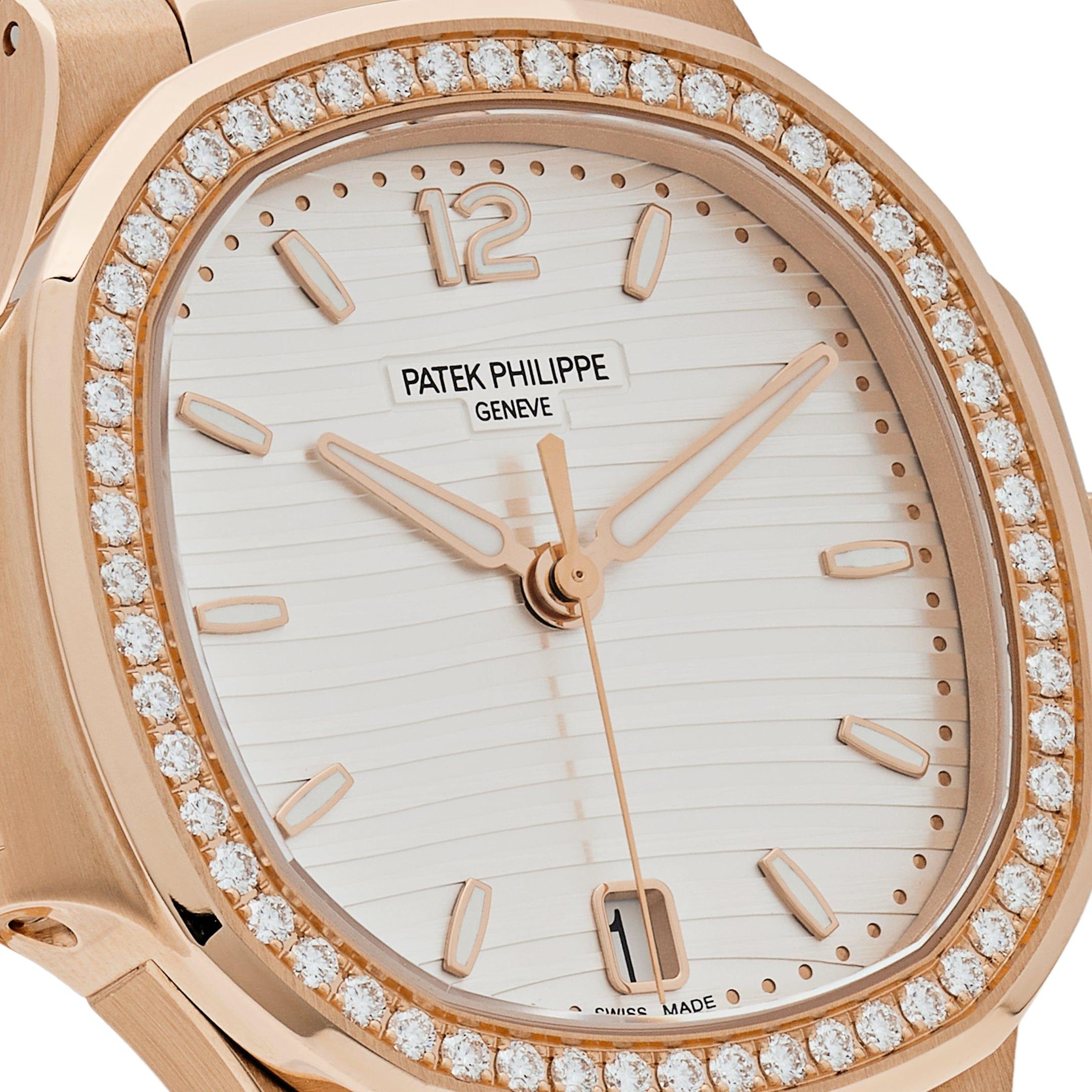 Women's Patek Philippe Nautilus 7118/1200R-001 Automatic Rose Gold Silver Dial Diamond For Sale