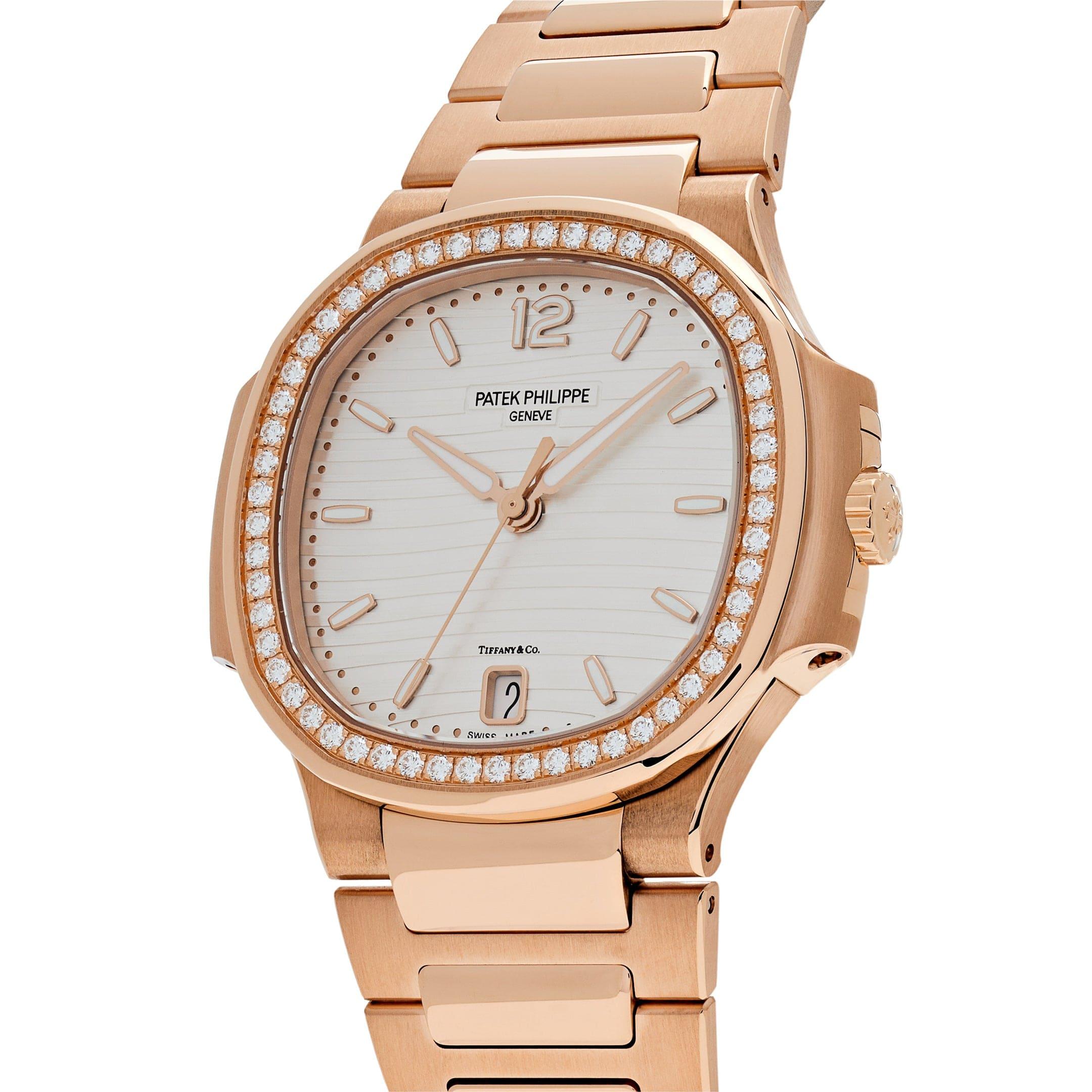 Round Cut Patek Philippe Nautilus 7118/1200R-001 Automatic Tiffany & Co. Rose Gold Diamond For Sale