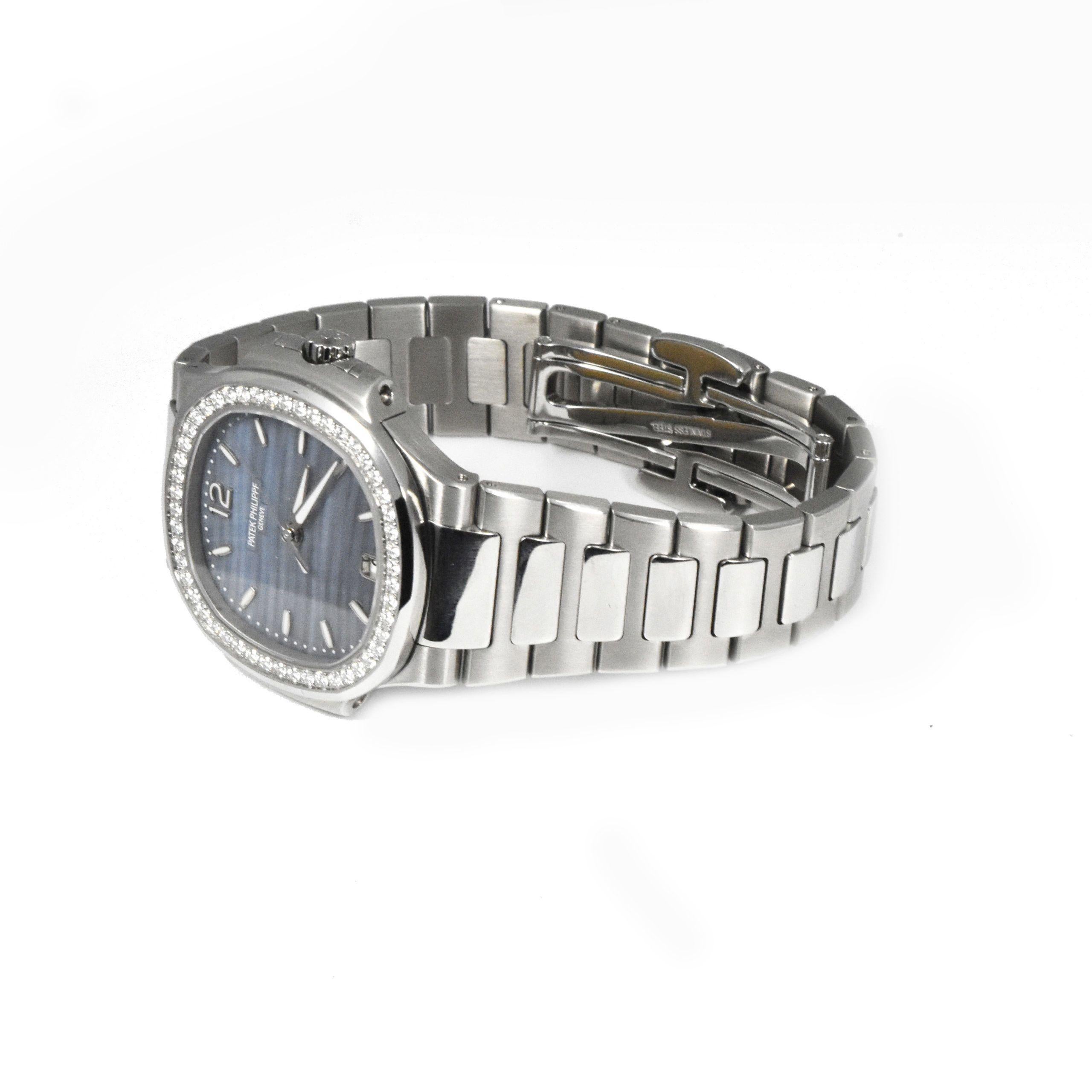 Round Cut Patek Philippe Nautilus 7118 Blue Dial Diamond Bezel Steel Watch For Sale
