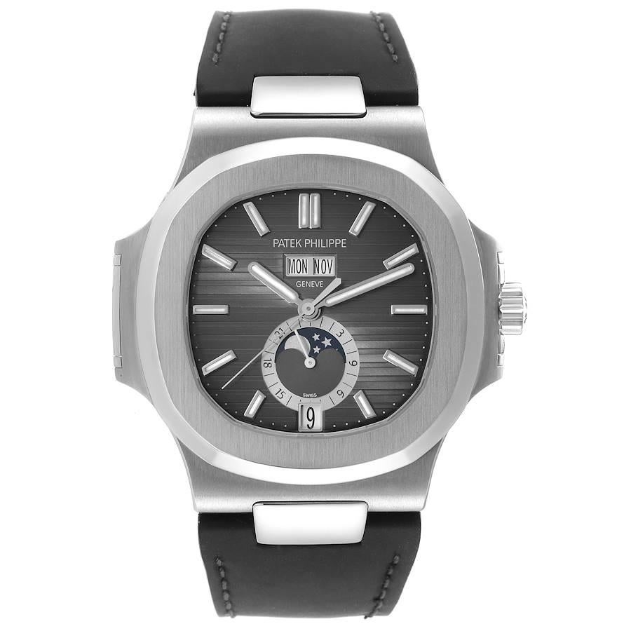 Patek Philippe Nautilus Annual Calendar Moonphase Steel Watch 5726 Box Papers. Automatic self-winding movement. Caliber 324 displaying the hours, minutes, seconds, moonphase, 24 hour window and annual calendar (day, date, month apertures). 45 hours