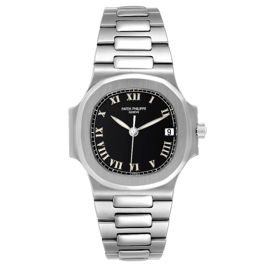 Patek Philippe Nautilus Black Dial Automatic Steel Mens Watch 3800 Papers. Automatic self-winding movement. Stainless steel coushion shape case 37.5 x 37.5 mm. Stainless steel bezel. Scratch resistant sapphire crystal. Black dial with raised roman
