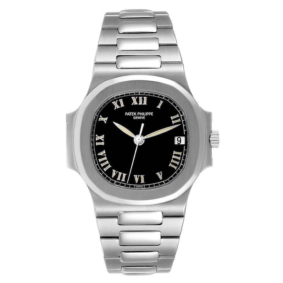 Patek Philippe Nautilus Black Dial Automatic Steel Mens Watch 3800 Papers. Automatic self-winding movement. Stainless steel coushion shape case 37.5 x 37.5 mm. Stainless steel bezel. Scratch resistant sapphire crystal. Black dial with raised roman