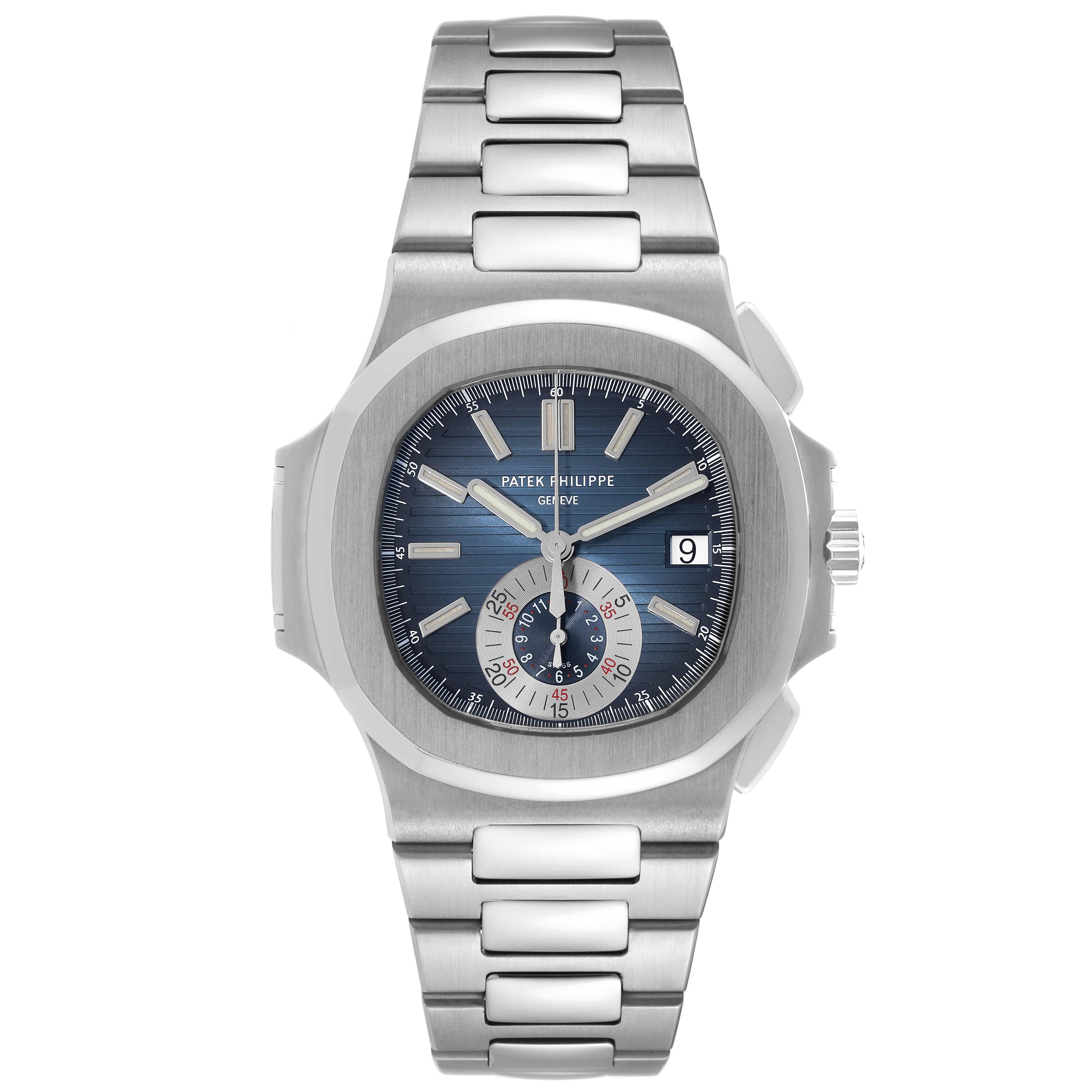 Patek Philippe Nautilus Blue Dial Steel Mens Watch 5980 Box Papers. Automatic self-winding chronograph movement. Stainless steel cushion shaped case 40.5 mm. Transparent exhibition sapphire crystal caseback. Stainless steel bezel. Scratch resistant