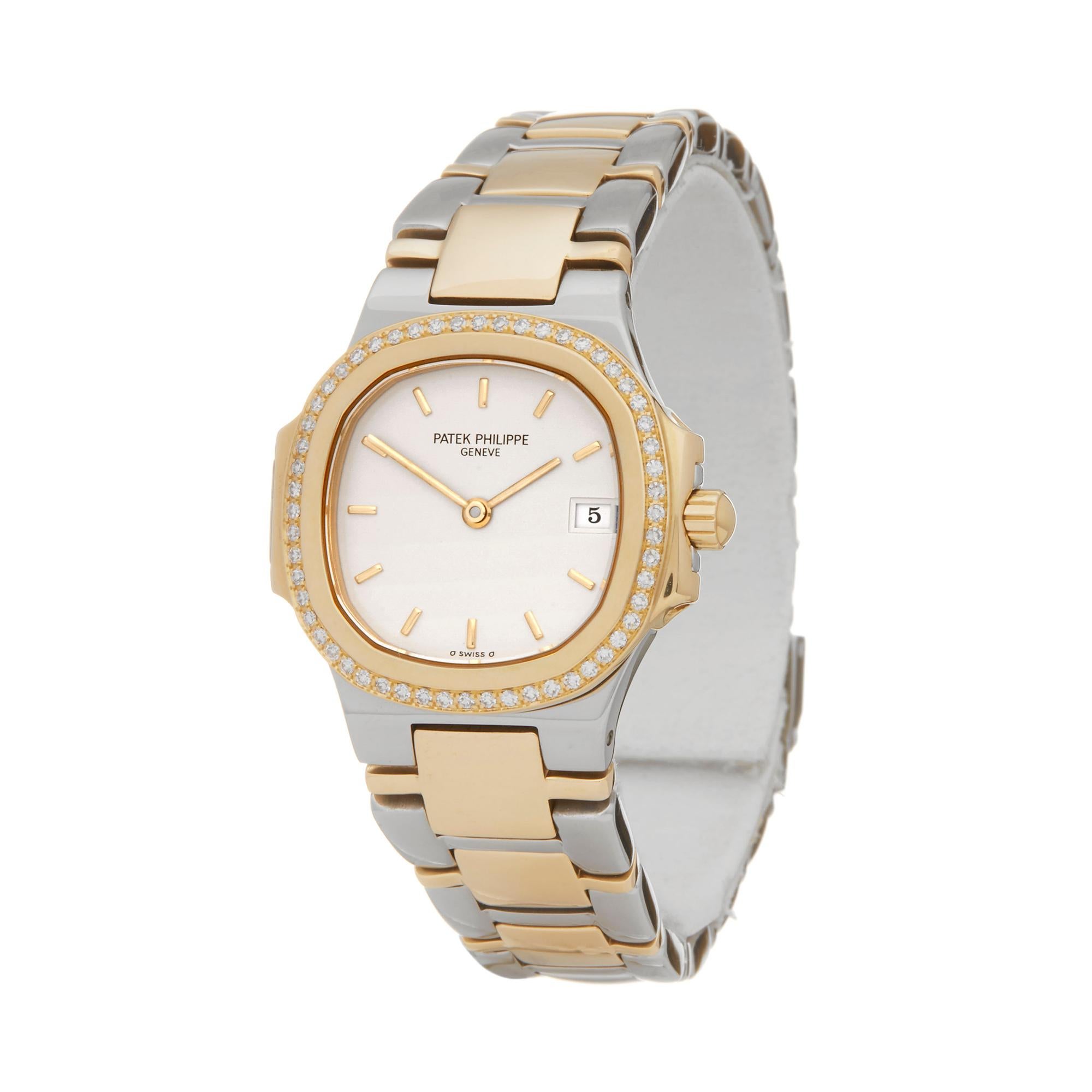 Ref: W6176
Manufacturer: Patek Philippe
Model: Nautilus 
Model Ref: 4100/052
Age:Circa 2000's 
Gender: Ladies
Complete With: Box & Certificate of Origin
Dial: White Baton
Glass: Sapphire Crystal
Movement: Automatic
Water Resistance: To Manufacturers