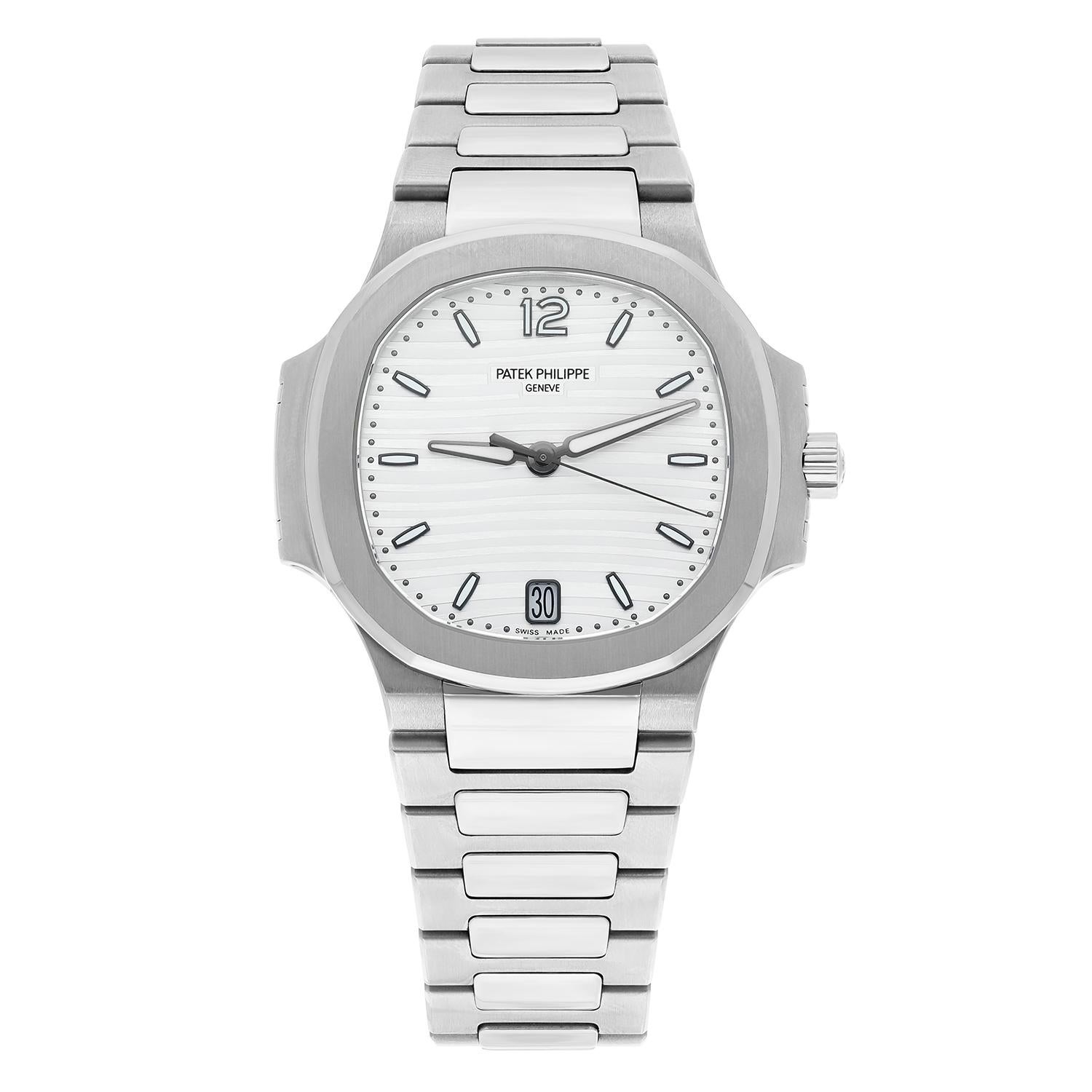 The Ladies Automatic Nautilus wristwatch in stainless steel emphasizes its casual elegance and very feminine style with this silvery opaline dial.. The gently undulating embossed decor underscores its unmistakably ladylike interpretation of the
