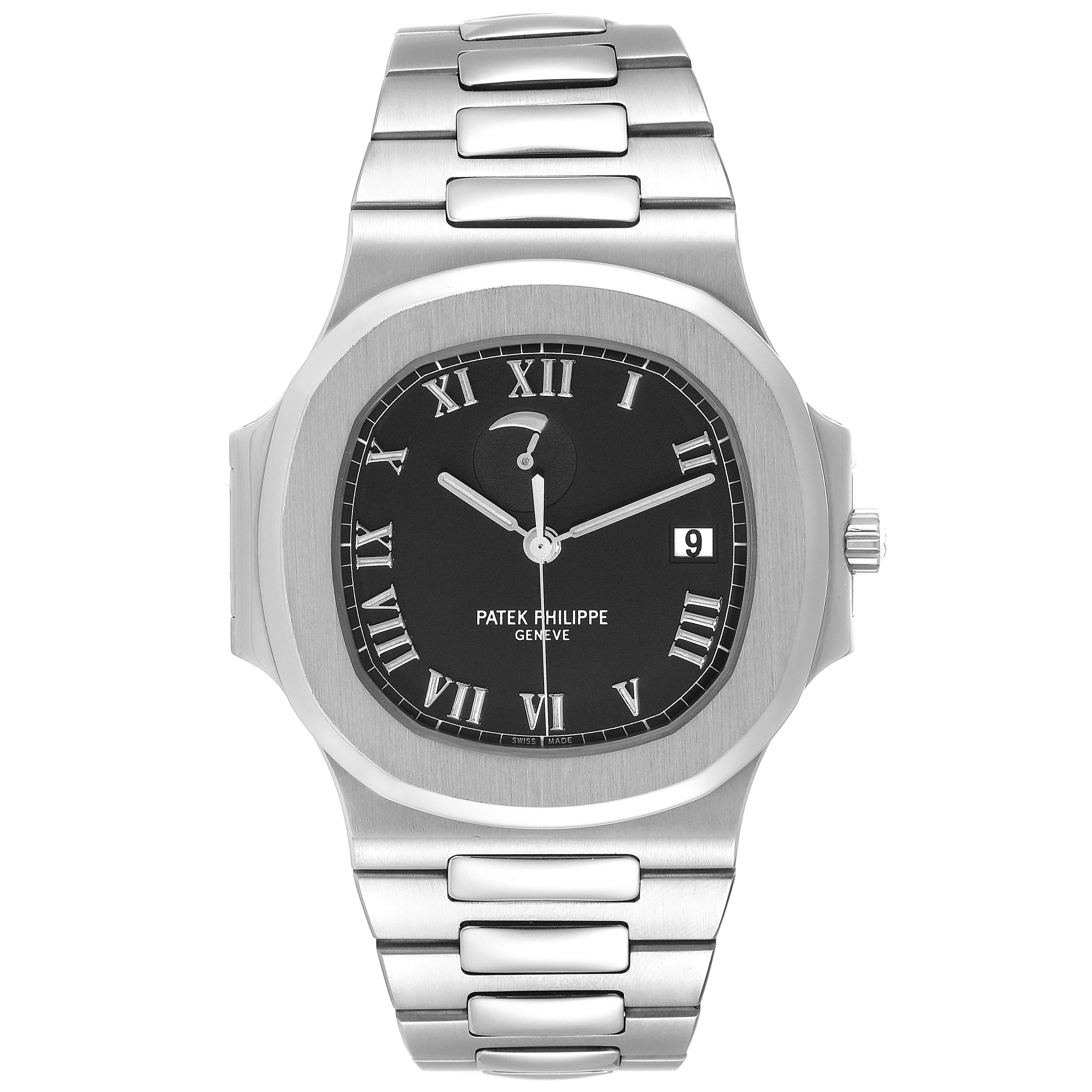 Patek Philippe Nautilus Power Reserve Steel Mens Watch 3710. Automatic self-winding movement. Stainless steel cushion shape case 42 x 42 mm. Stainless steel bezel. Scratch resistant sapphire crystal. Black dial with applied luminous Roman numerals,