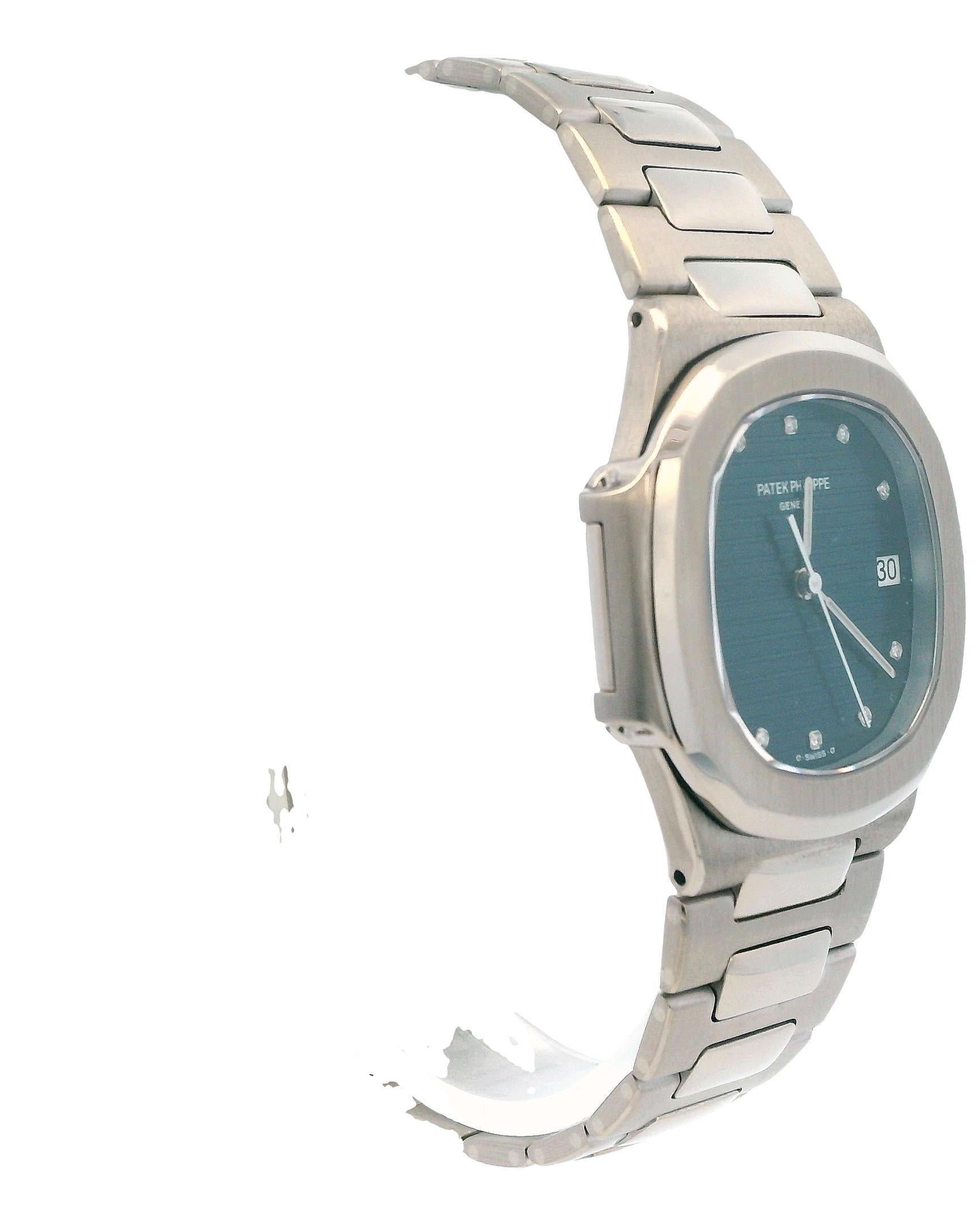 Patek Philippe 3900/1G is an exceptional watch from 1985 that epitomizes luxury and sophistication. With its cushion-shaped stainless steel case, it presents a modern aesthetic that is both stylish and distinctive. The watch features a striking deep