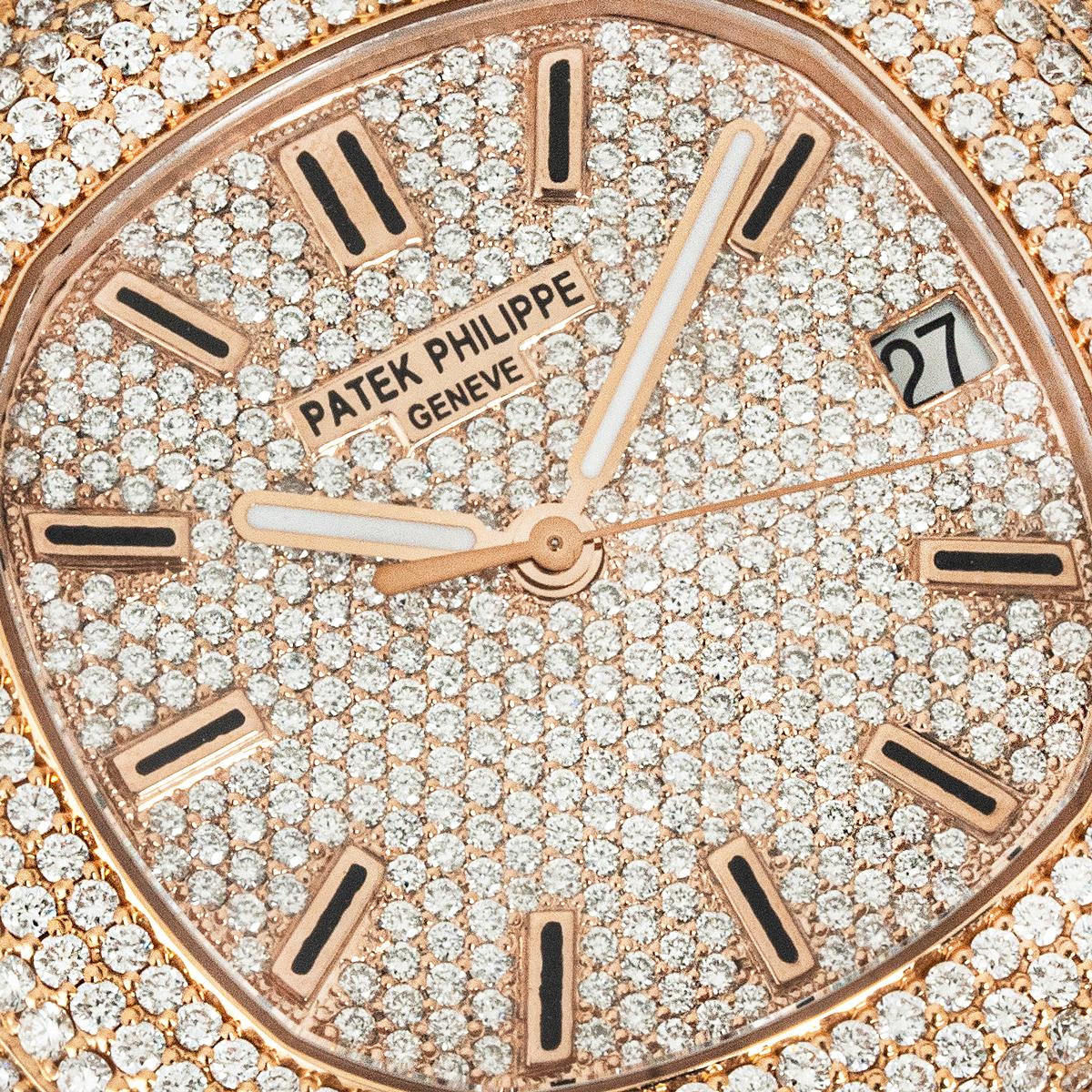 Round Cut Patek Philippe Nautilus Rose Gold Custom Diamond Set 5711/1R-001