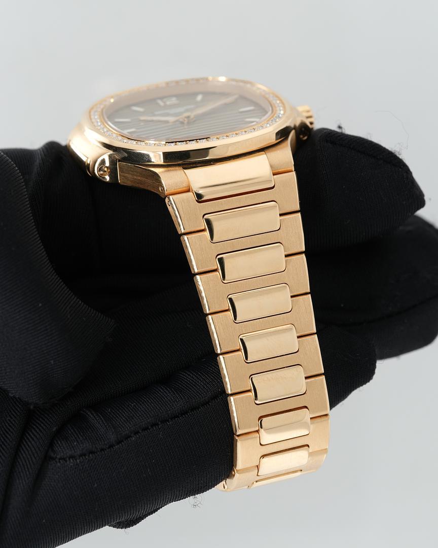 Modern Patek Philippe Nautilus Rose Gold Diamond Bezel 7118/1200R-010 Ladies Wrist Watc For Sale