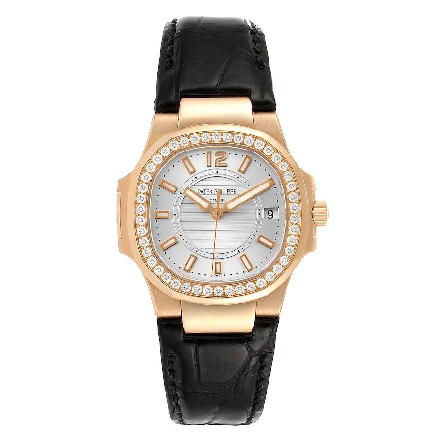 Patek Philippe Nautilus Rose Gold Diamond Silver Dial Ladies Watch 7010. Quartz movement. 18K rose gold coushion shape case 32 mm x 32 mm. Original Patek 46 diamond bezel. Scratch resistant sapphire crystal. Silver dial with raised luminous baton