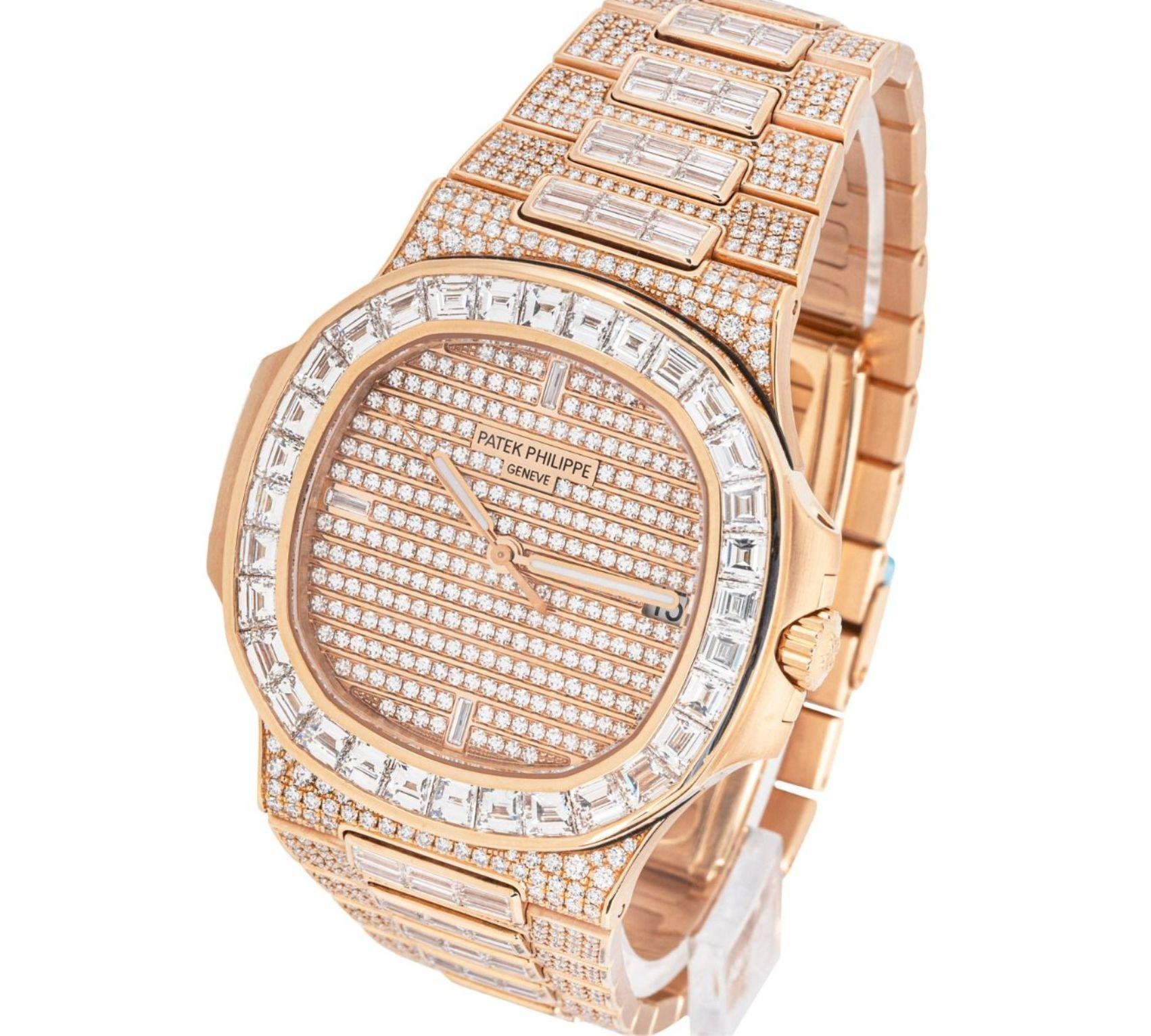 Brilliant Cut Patek Philippe Nautilus Rosę Gold Fully Loaded Diamond Set 5719/10R-010 For Sale