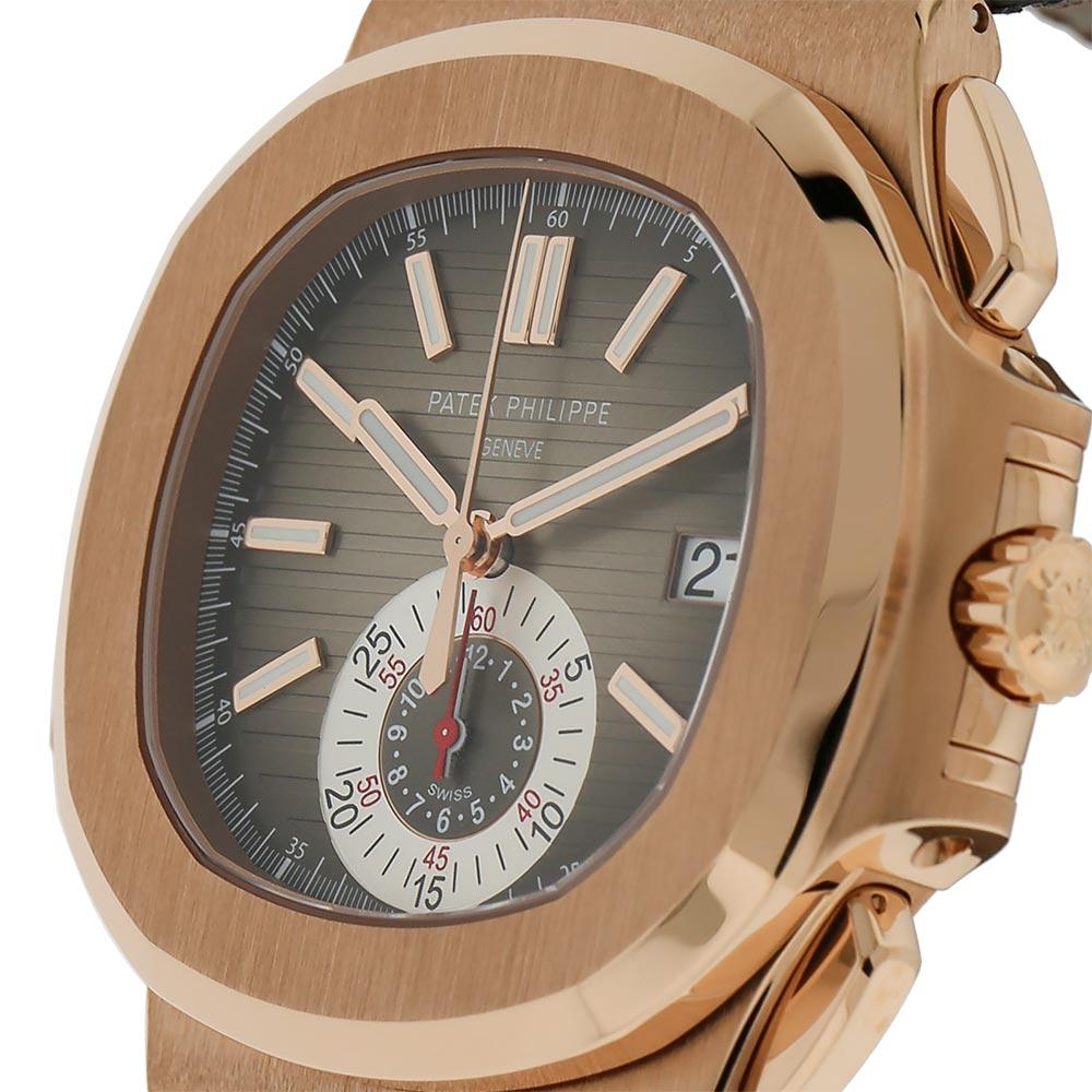 Modern Patek Philippe Nautilus Rose Gold Self-Winding Chronograph Watch 5980R-001 For Sale