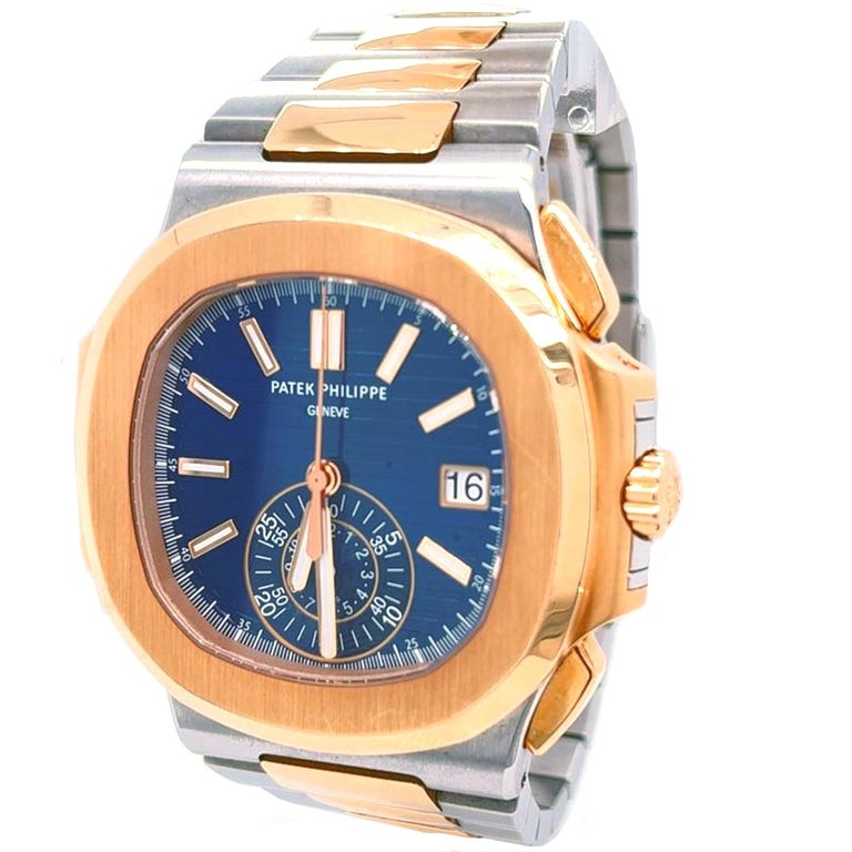 Patek Philippe Nautilus Rose Gold Stainless Steel Blue Dial Mens Watch 5980/1AR In Good Condition For Sale In Aventura, FL