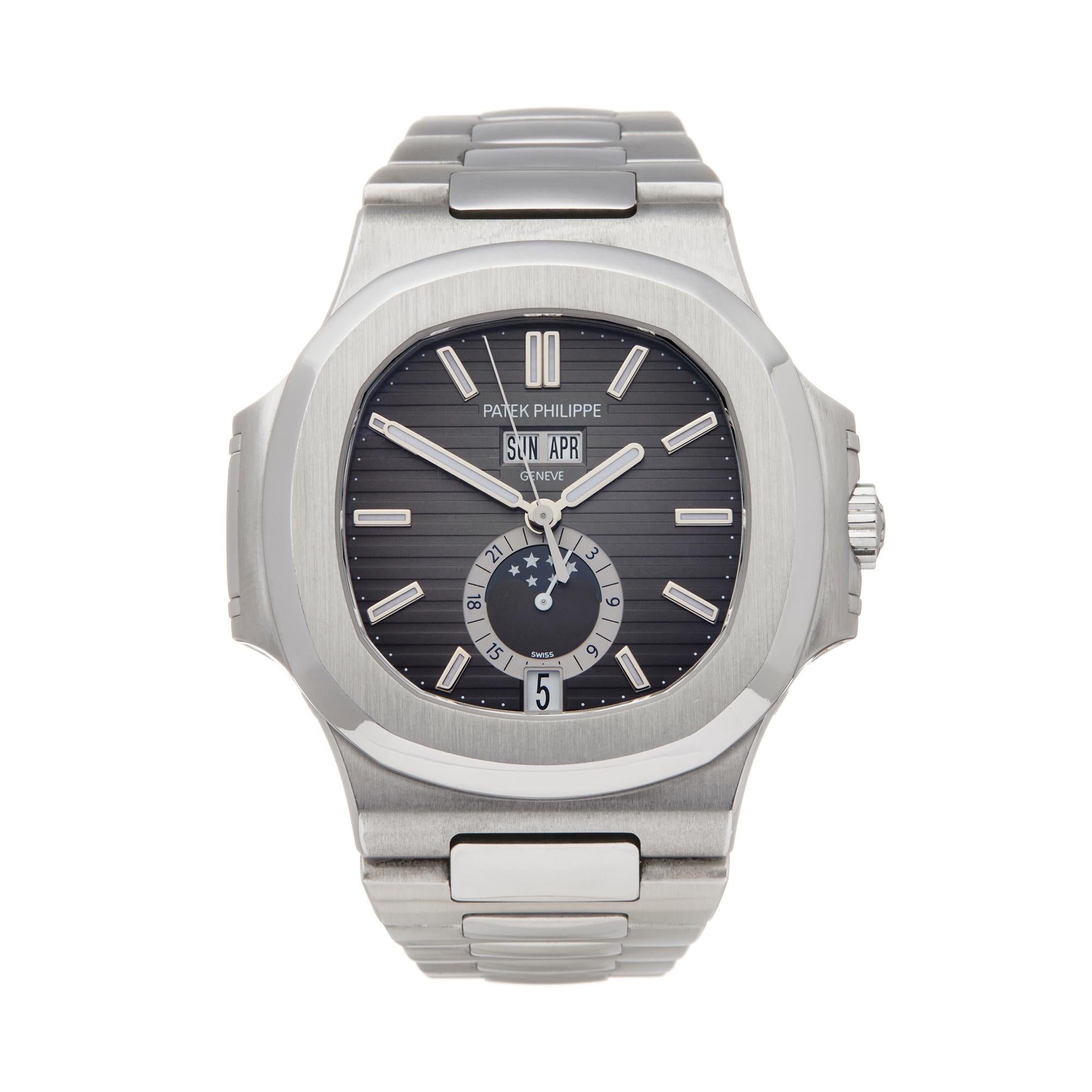 Reference: W5784
Manufacturer: Patek Philippe
Model: Nautilus
Model Reference: 5726/1A-001
Age: 2nd September 2015
Gender: Men's
Box and Papers: Box Manuals and Guarantee
Dial: Grey Baton
Glass: Sapphire Crystal
Movement: Automatic
Water Resistance: