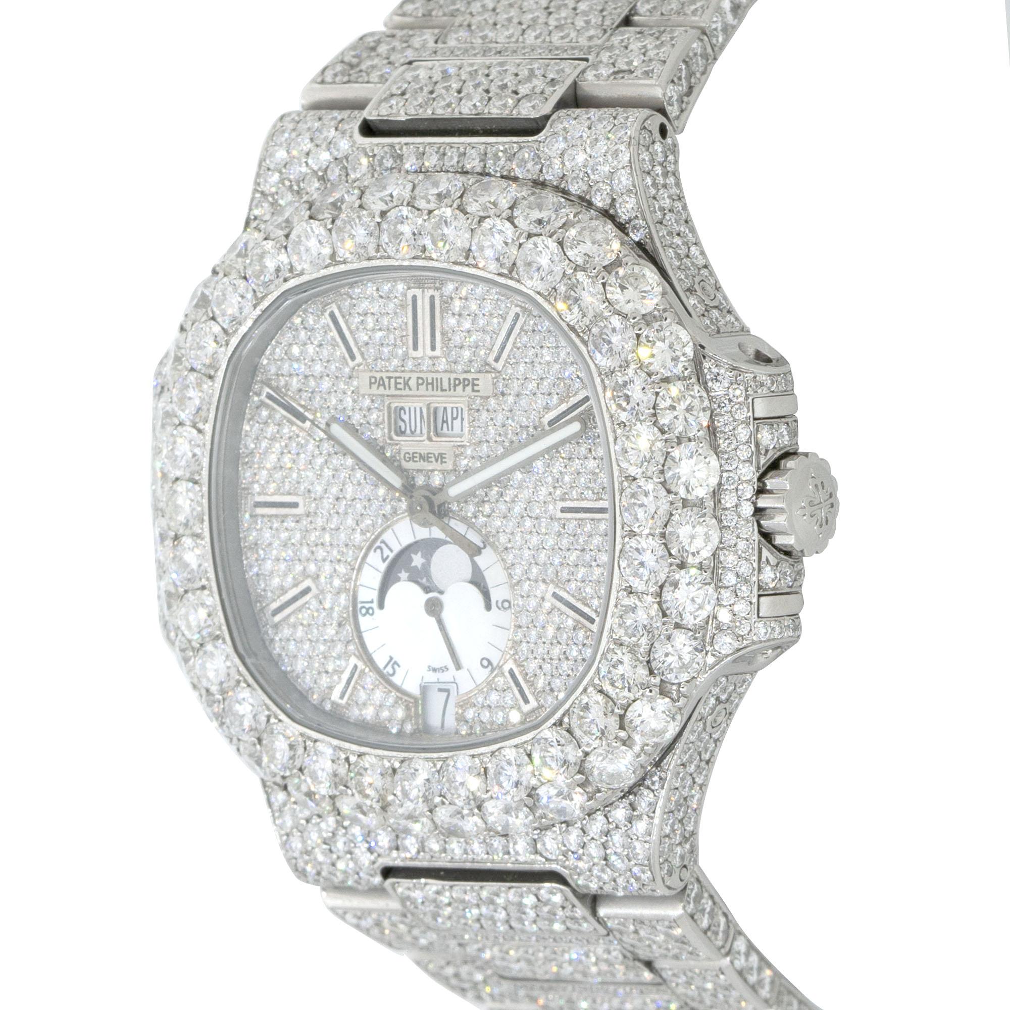 Patek Philippe Nautilus Stainless Steel All Diamond Moon Phase Dial Watch In New Condition For Sale In Boca Raton, FL
