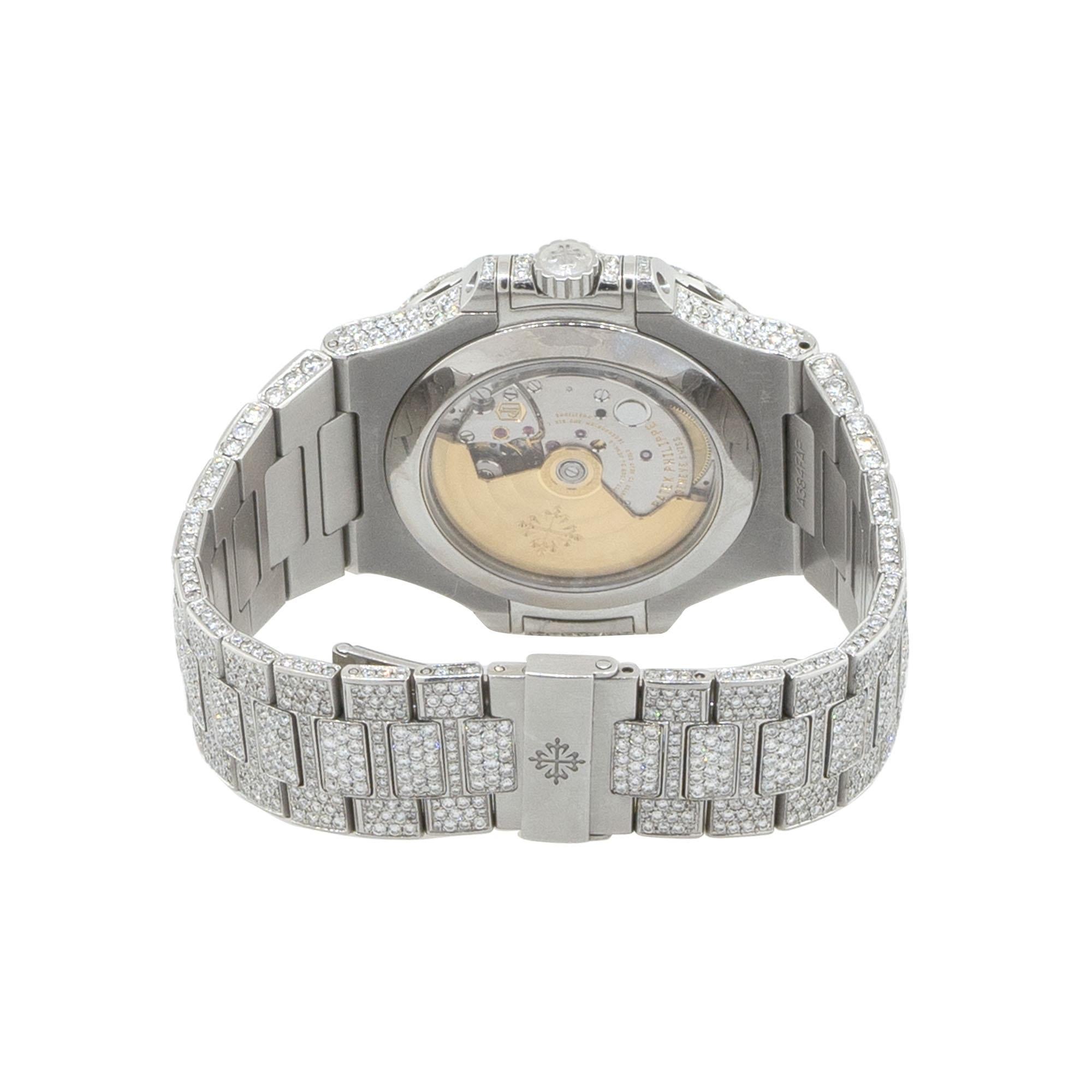 Round Cut Patek Philippe Nautilus Stainless Steel All Diamond Moon Phase Dial Watch