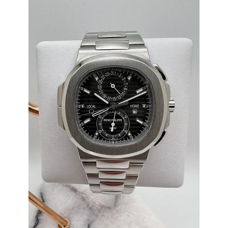 The Patek Philippe Nautilus Travel Time Chronograph features a 40.5mm stainless steel case that surrounds the black embossed dial. The watch comes on a stainless steel bracelet with a fold-over clasp.


Reference Number	5990/1A-001
Model	Nautilus