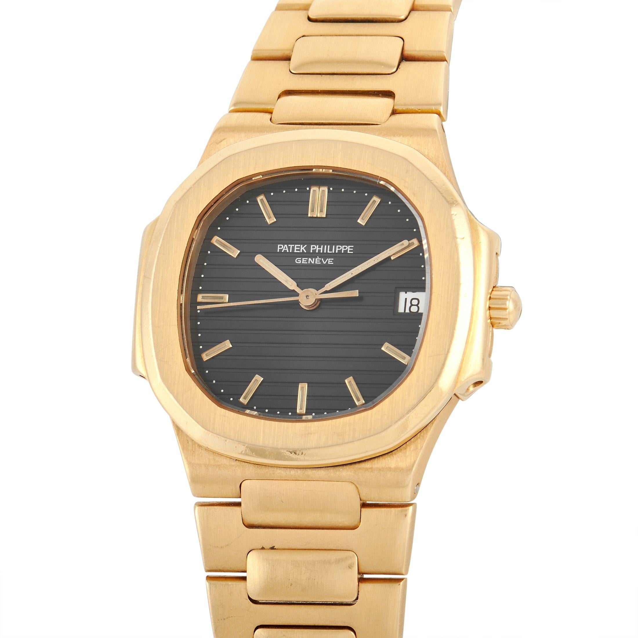 The Patek Philippe Nautilus Watch, reference number 3900/IJ, has an understated sense of style.

This timepiece includes a bracelet, rounded 32mm case, and bezel crafted from opulent 18K Yellow Gold. On the textured blue dial, you’ll find only