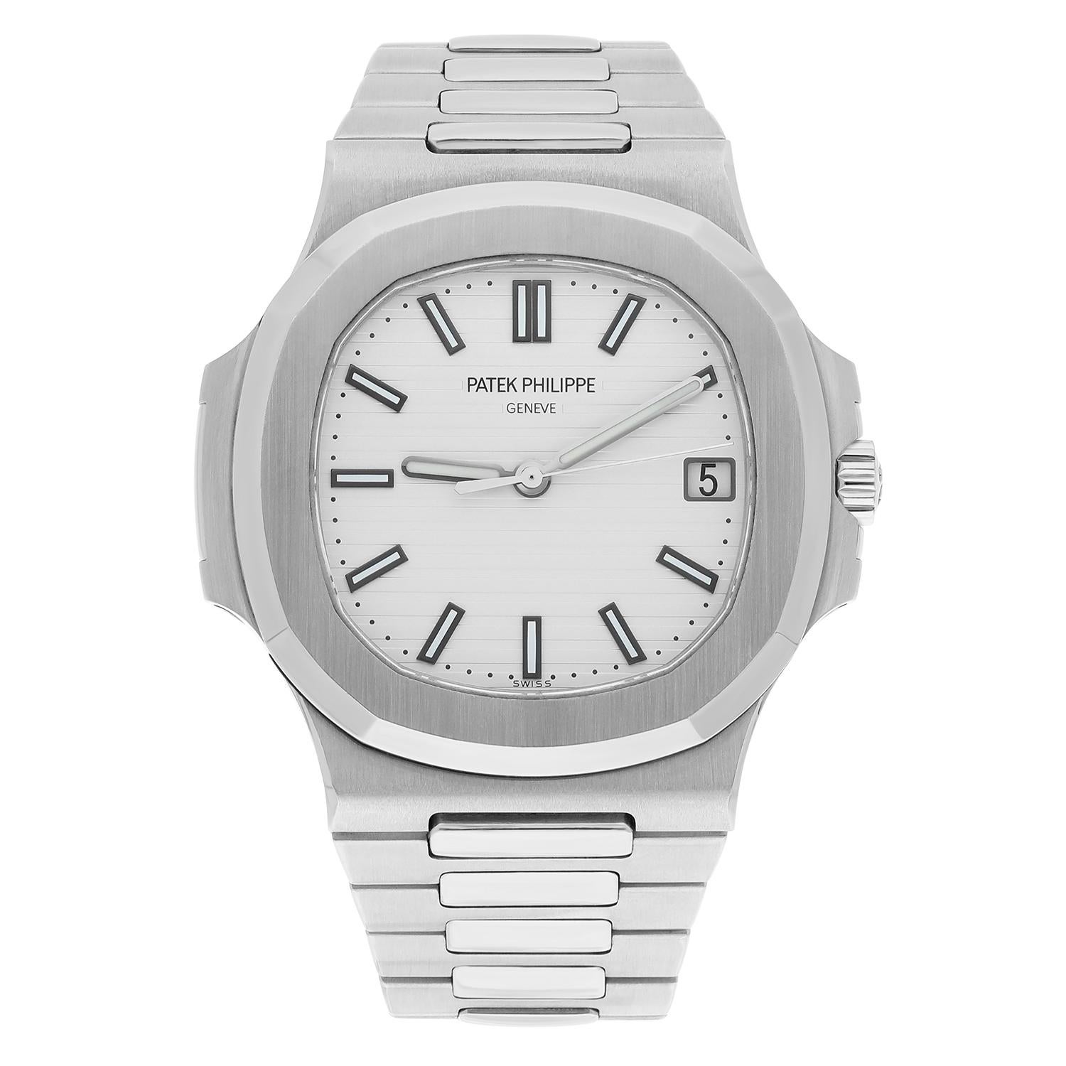 Patek Philippe Nautilus 5711-1A Men's Watch. 40mm stainless steel case with stainless steel smooth bezel. White dial with black luminous hands and index hour markers. Minute markers on the outer dial. Date display at the 3 o'clock position.