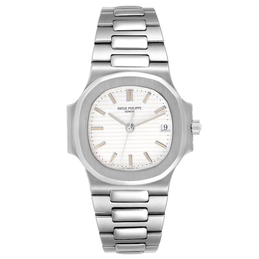 Patek Philippe Nautilus White Dial Automatic Steel Mens Watch 3800 Box Papers. Automatic self-winding movement. Stainless steel coushion shape case 37.5 x 37.5 mm. Stainless steel bezel. Scratch resistant sapphire crystal. White ridged with