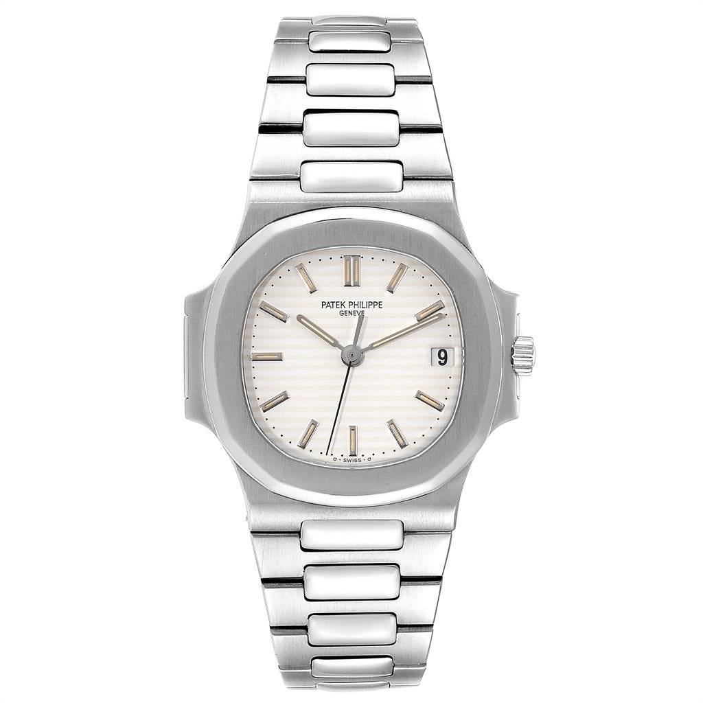 Patek Philippe Nautilus White Dial Automatic Steel Mens Watch 3800. Automatic self-winding movement. Stainless steel coushion shape case 37.5 x 37.5 mm. Stainless steel bezel. Scratch resistant sapphire crystal. White ridged with horizontal grooves