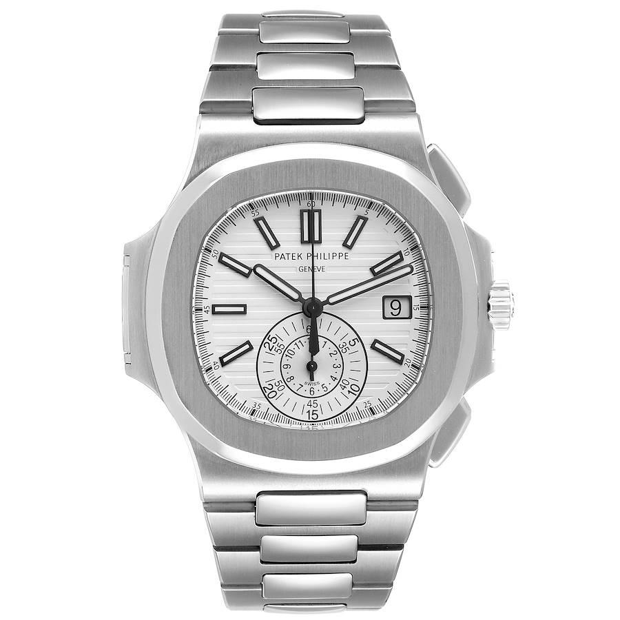 Patek Philippe Nautilus White Dial Steel Mens Watch 5980 Box Papers. Automatic self-winding chronograph movement. Stainless steel cushion shape case 40.5 mm. Stainless steel bezel. Scratch resistant sapphire crystal. White dial with applied luminous