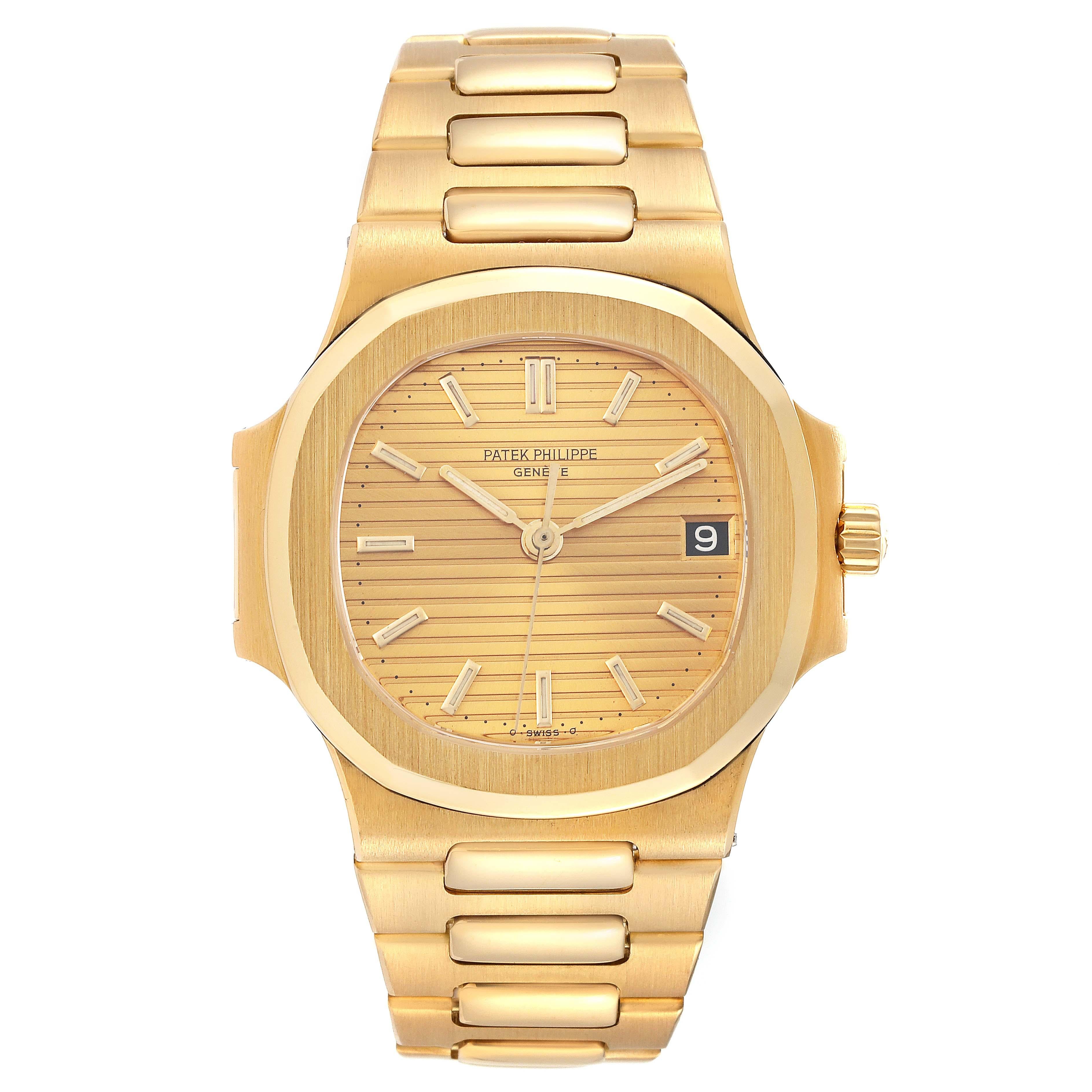 Patek Philippe Nautilus Yellow Gold Champagne Dial Mens Watch 3800 Box Papers. Automatic self-winding movement. 18k yellow gold coushion shape case 37.5 mm. 18k yellow gold bezel. Scratch resistant sapphire crystal. Champagne ridged dial with